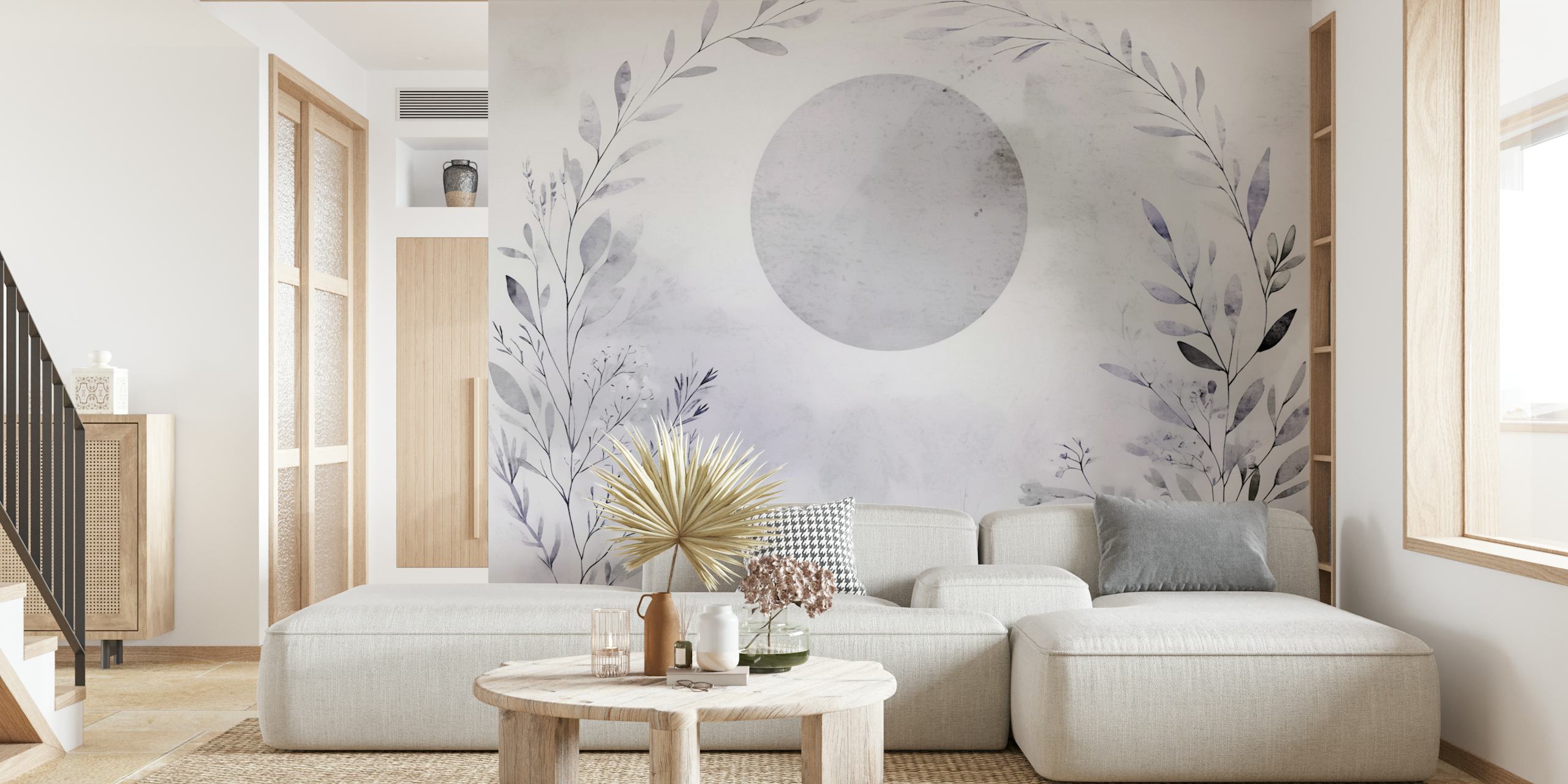 Delicate floral leaves and a grey circle pattern wallpaper