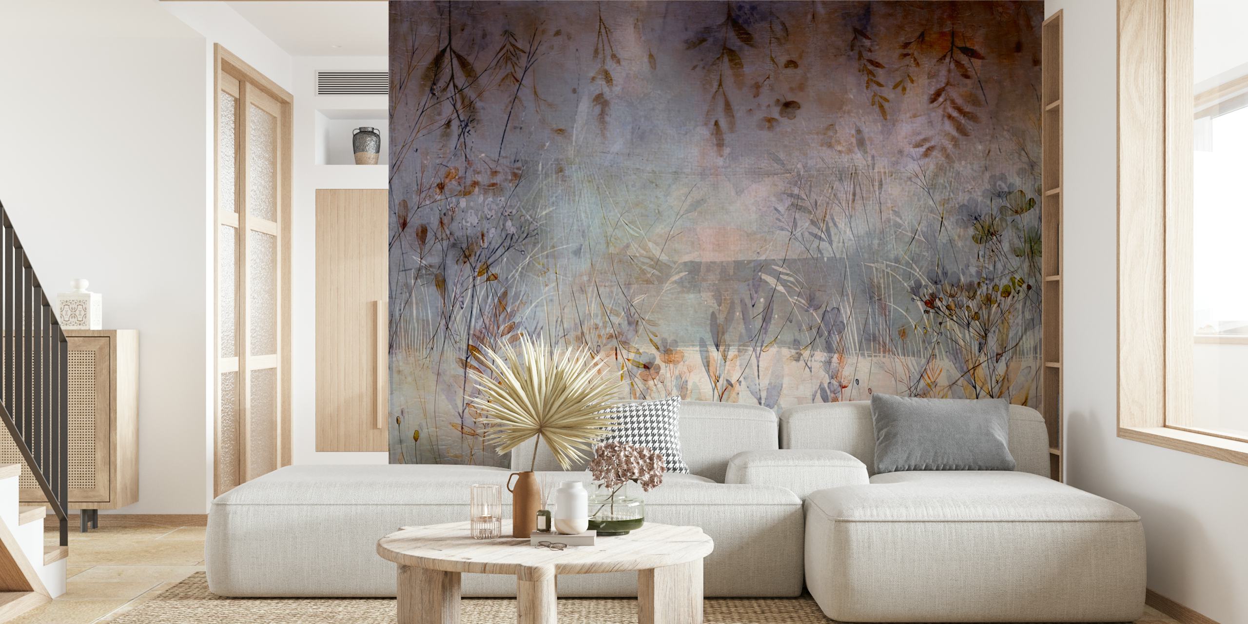 Muted botanical floral wallpaper with leaves and plants in soft tones