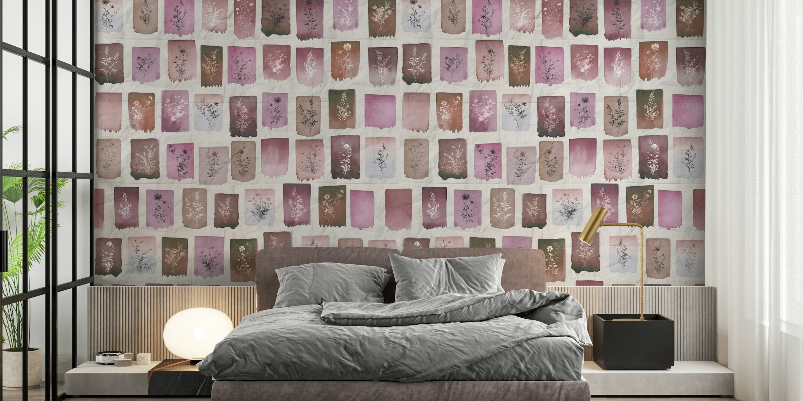 Ilustrações de herbário vintage de rosas dispostas em um padrão de grade sobre um fundo de papel envelhecido, para um mural de parede.
