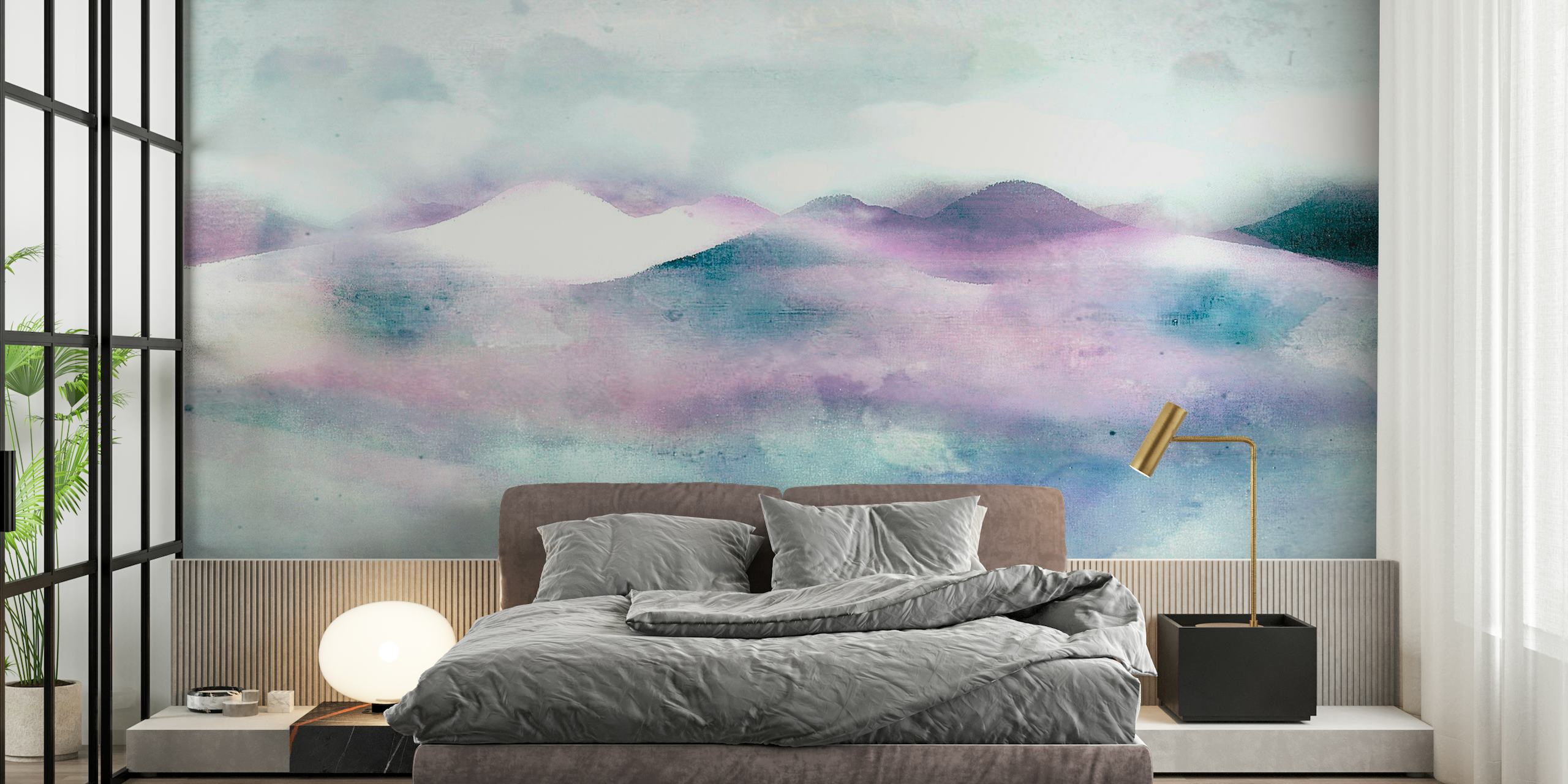 Japandi-style sunrise over mountains wall mural