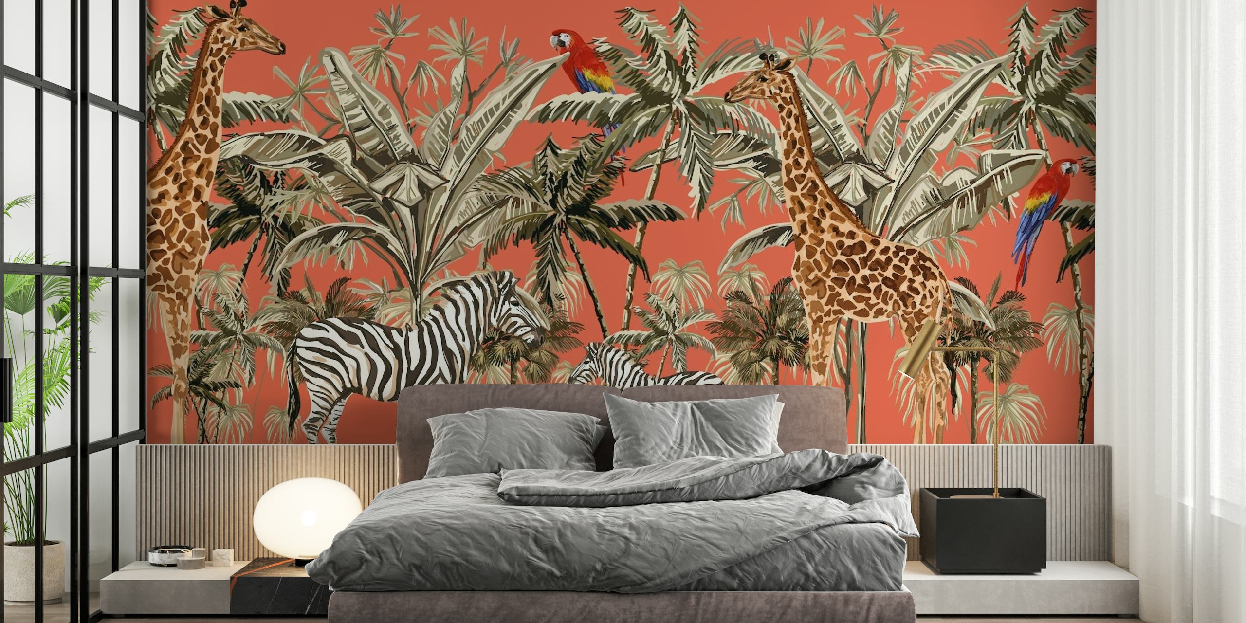 Safari-inspired wall mural with zebras, giraffes, and birds on an orange background