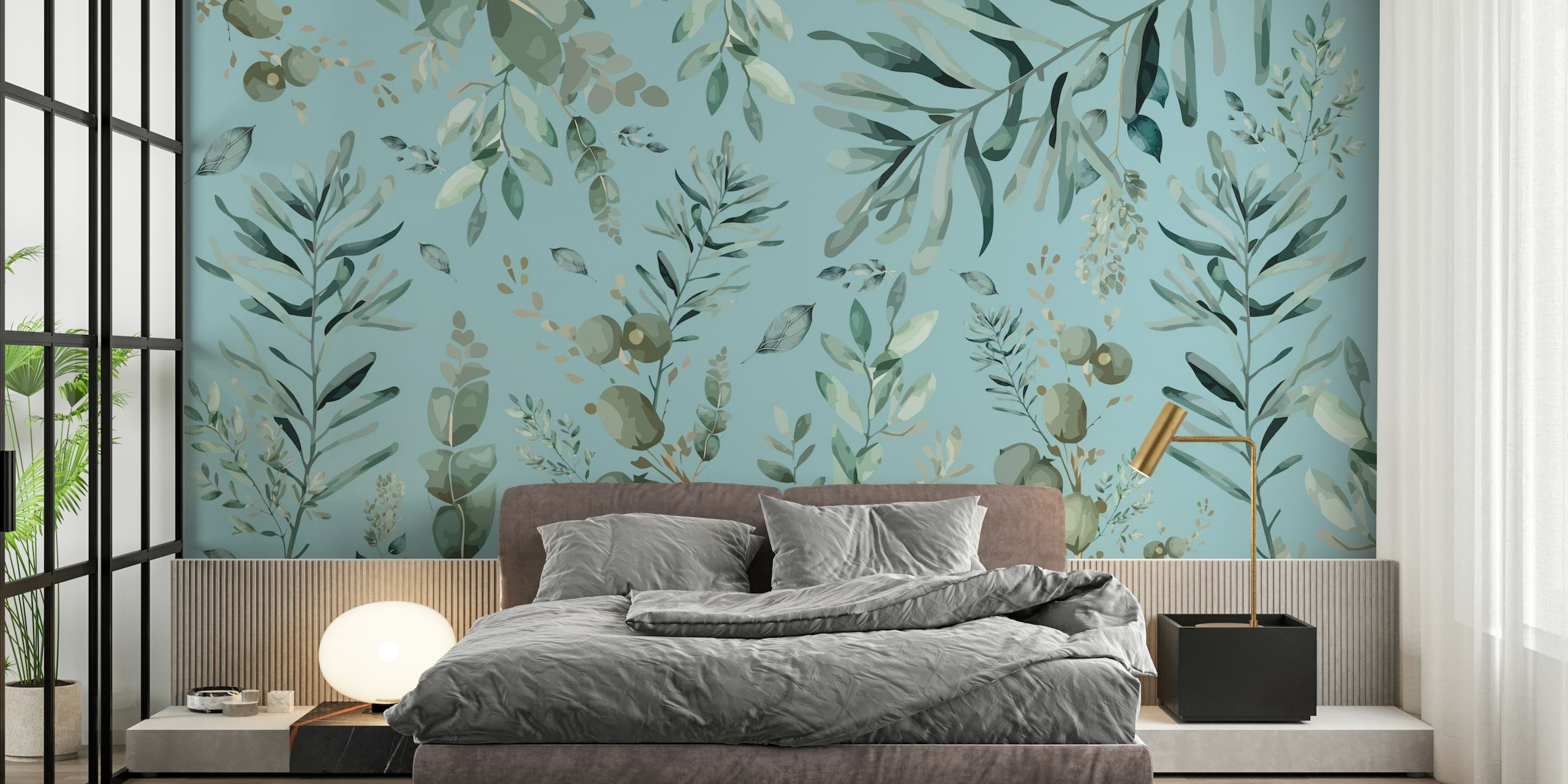 Botanic Leafs Blå vægmaleri med gyldent botanisk print på en rolig blå baggrund
