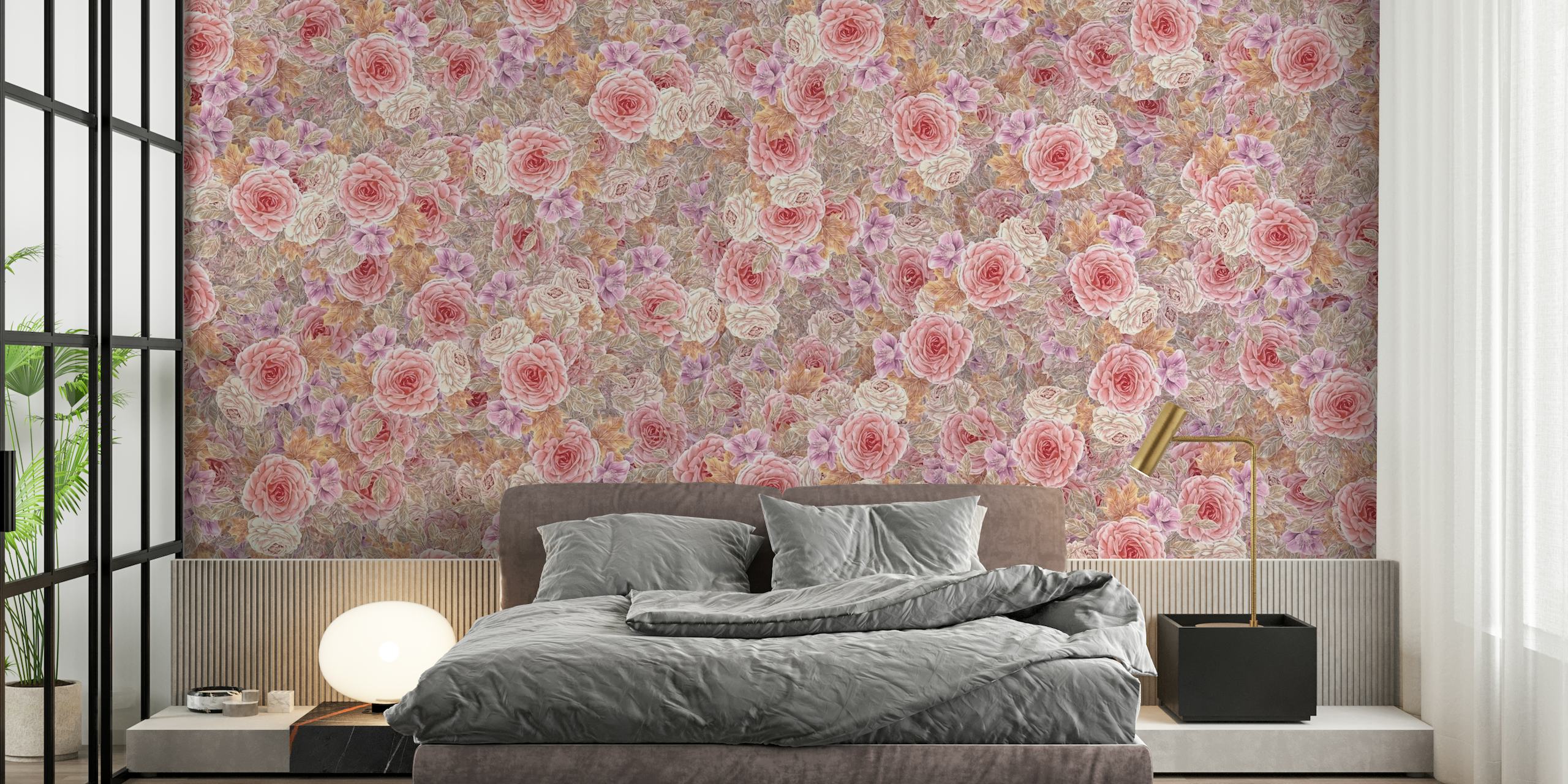 Rosas de chá aquarela em rosa, laranja, lilás e cinza em um mural de parede