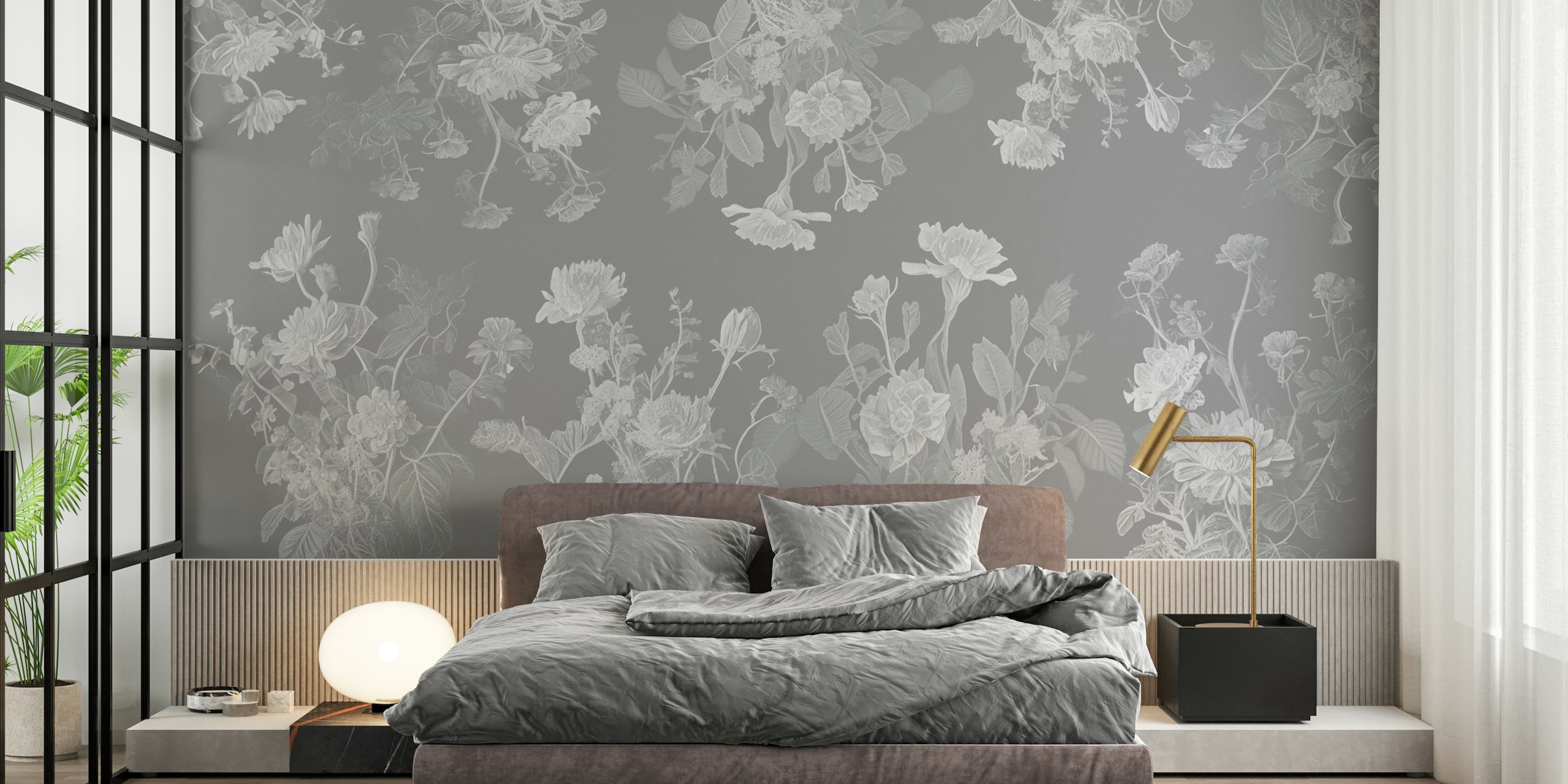Bedroom flowers grey papel pintado