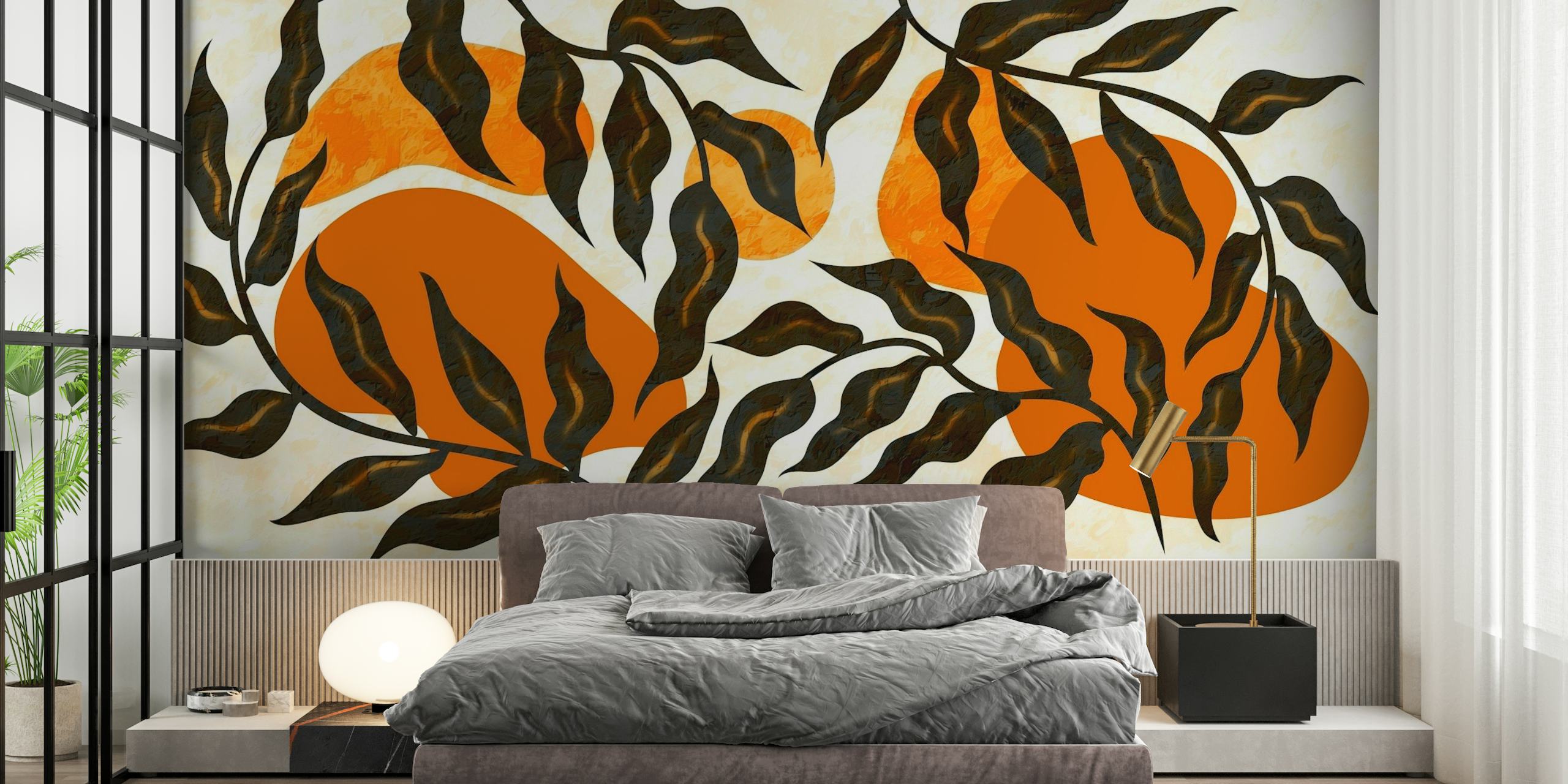 Sunrise Luxury Leaves vægmaleri med varme abrikos og sorte botaniske mønstre