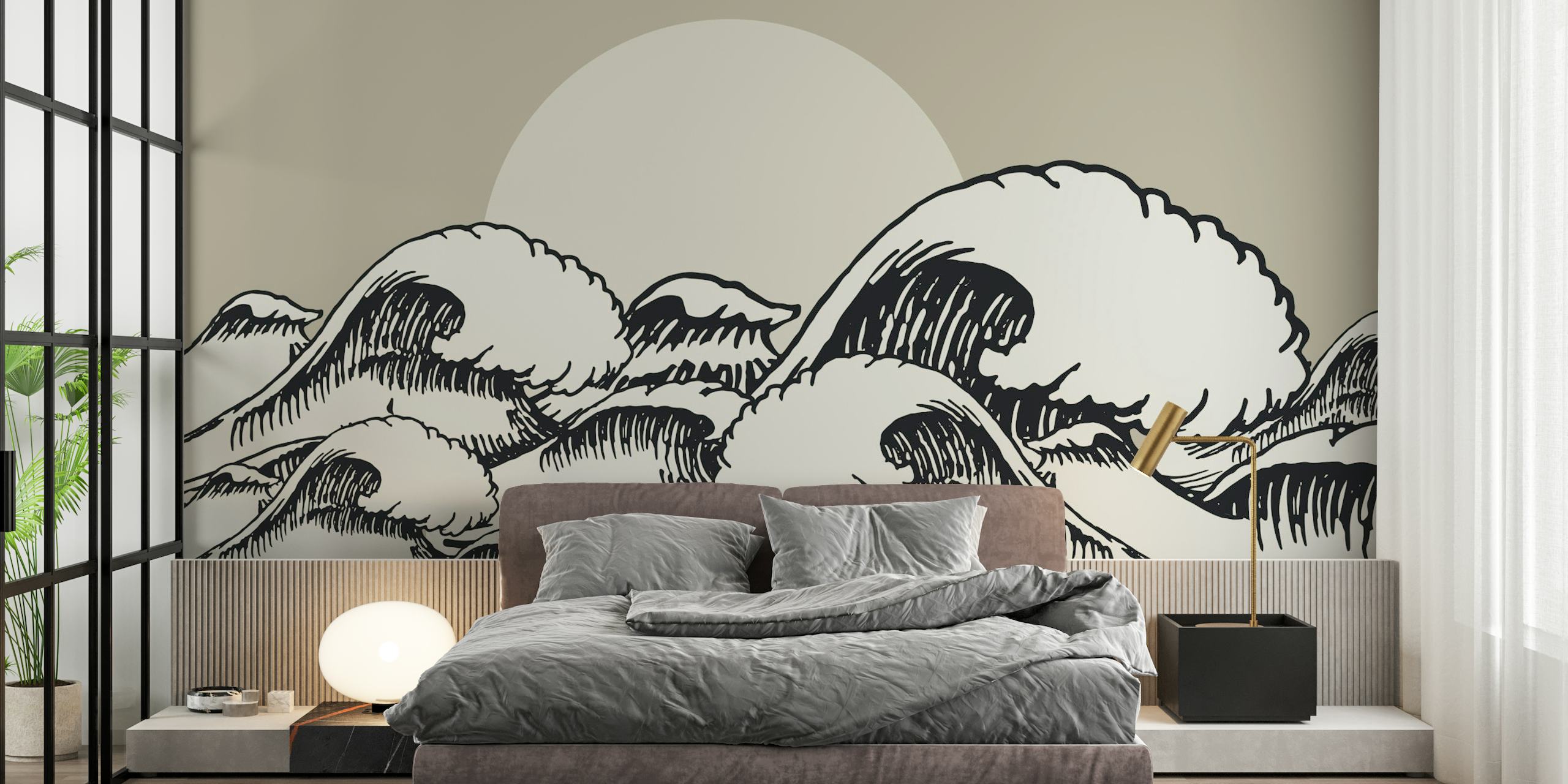 Ocean Sun Crni zidni mural s jednobojnim valovima i blijedim suncem