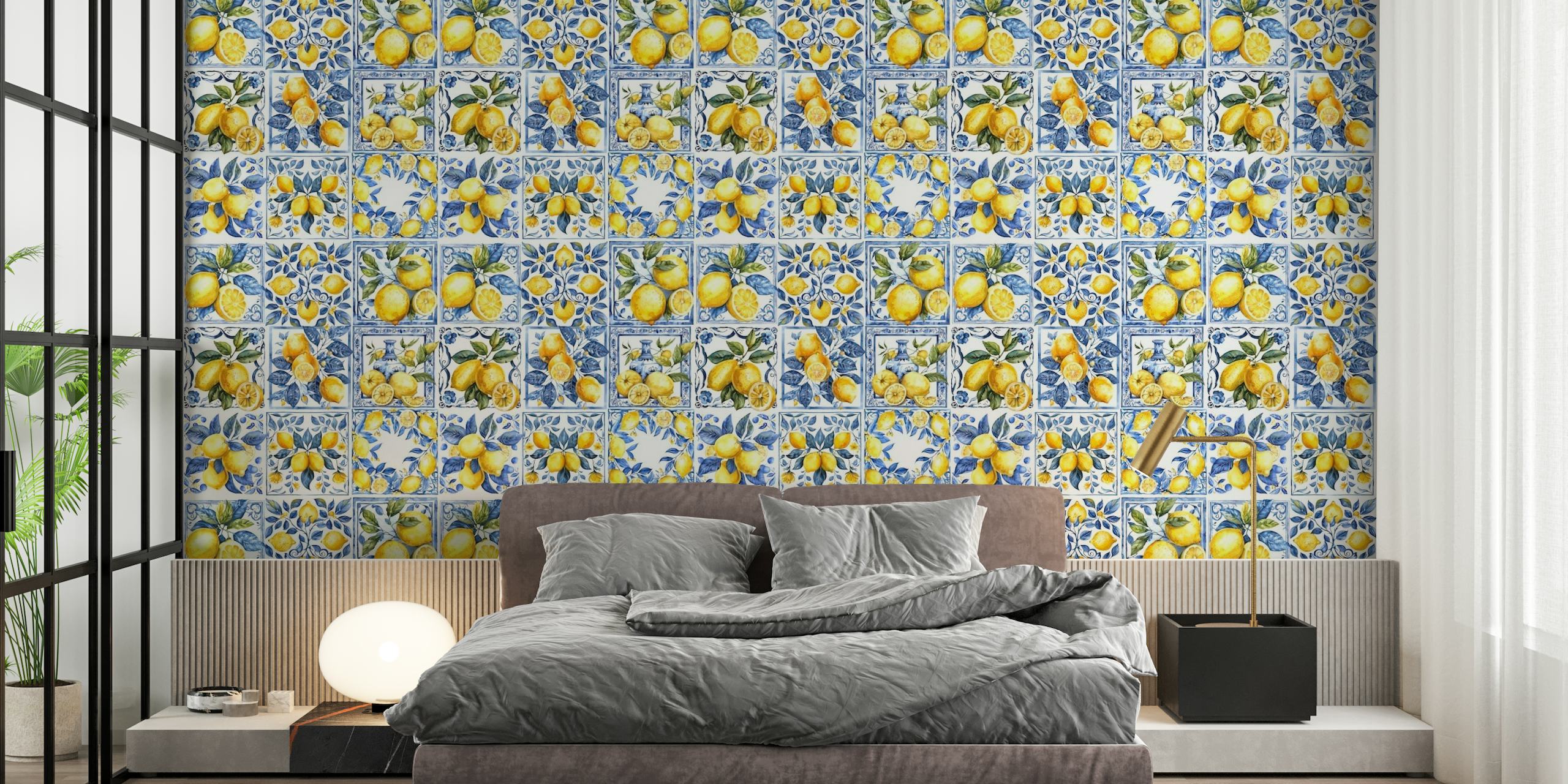 Mediterranean tiles with lemons mural papel pintado