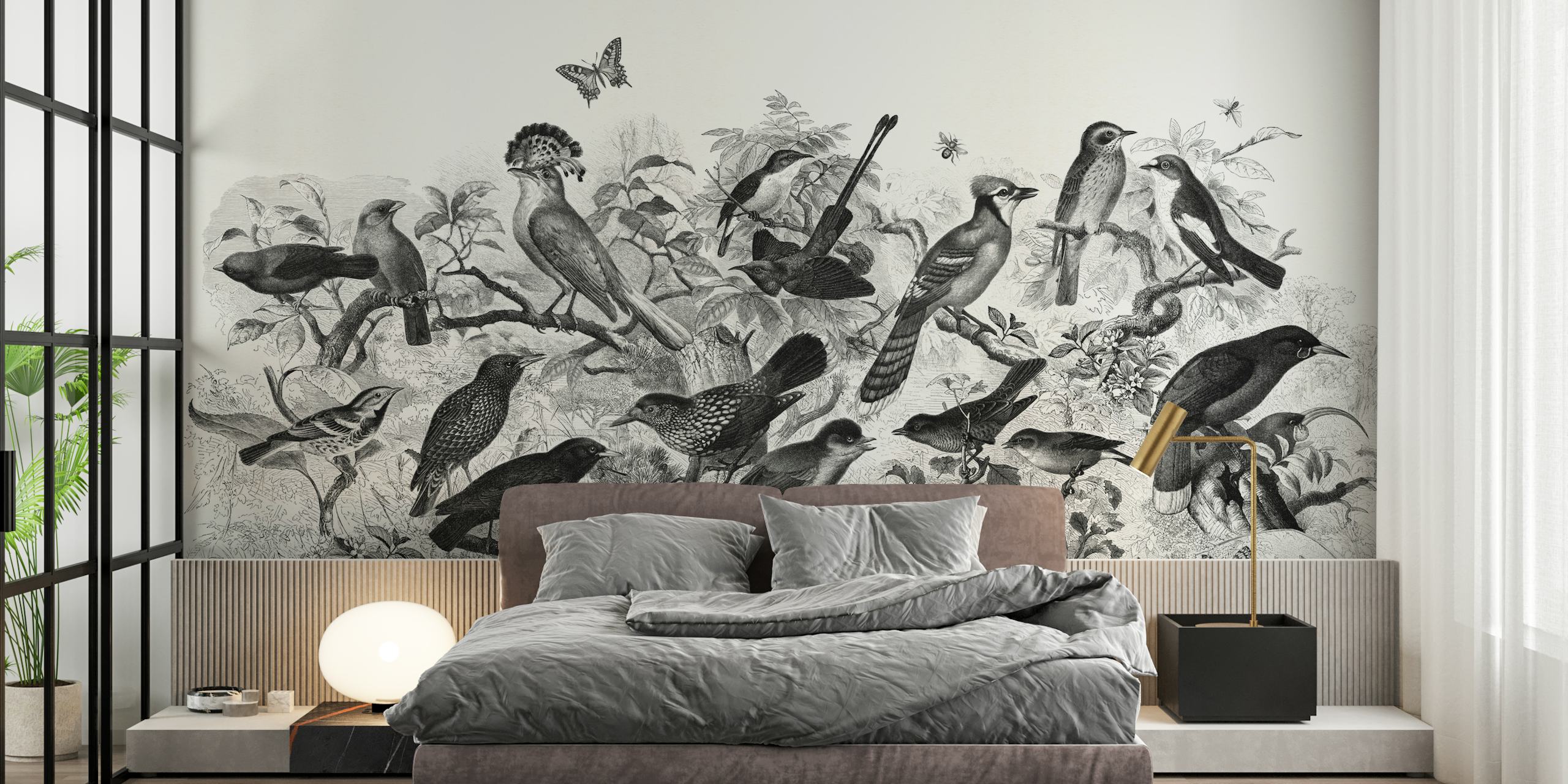 Forest birds black and white wallpaper design