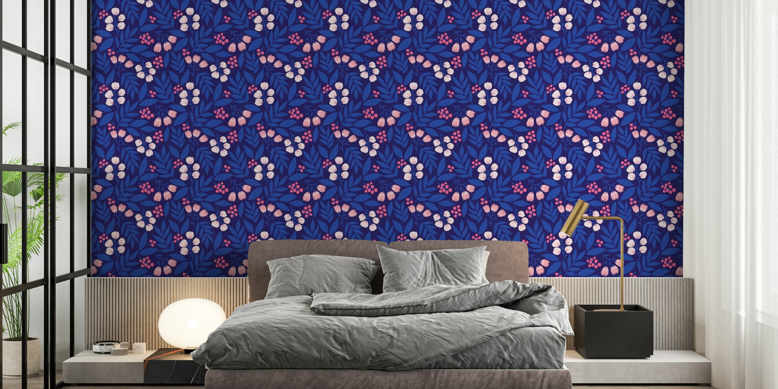 Mural de parede com padrão de silhueta floral em índigo intitulado 'Midnight Garden'