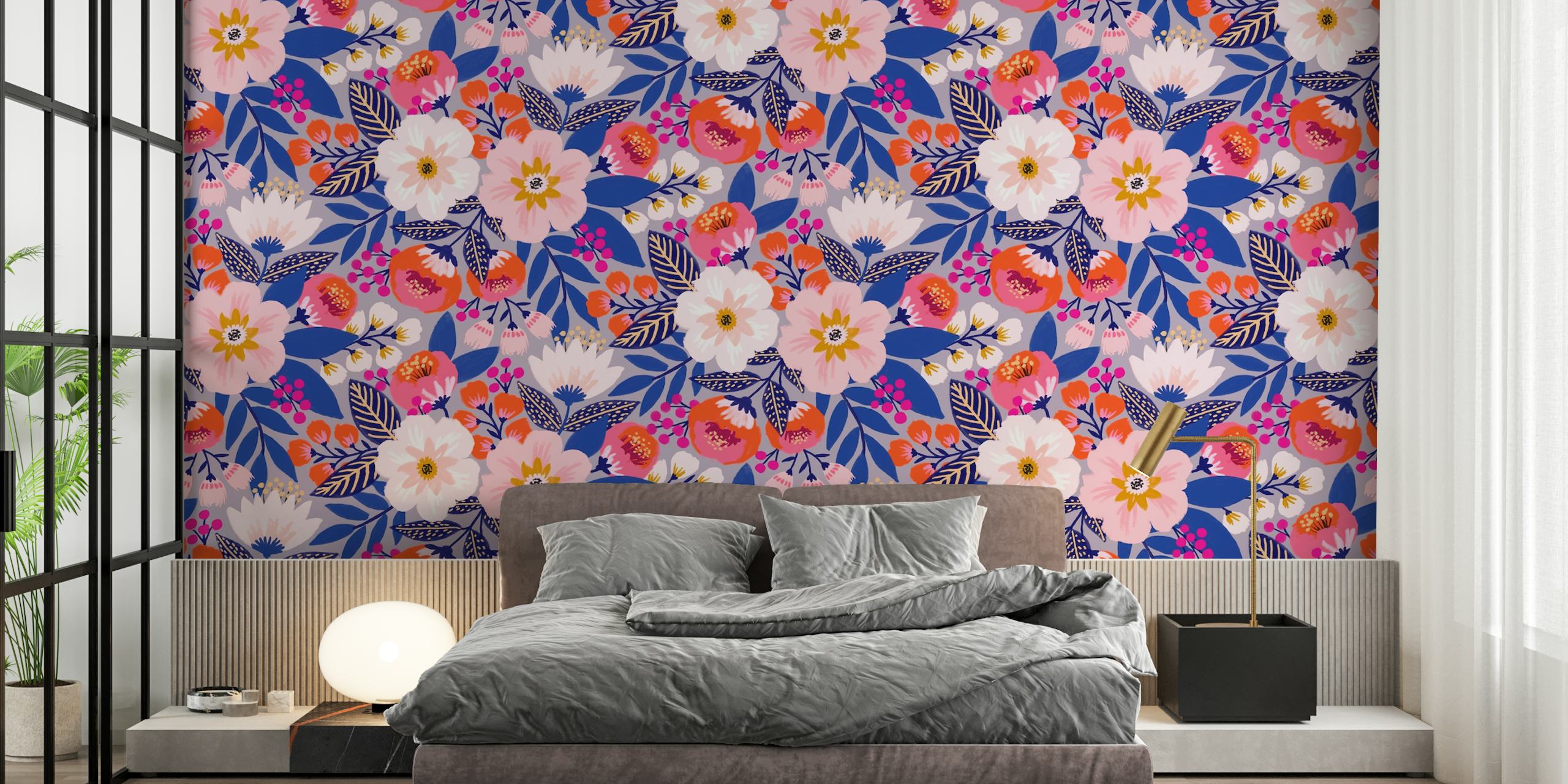 Navy achtergrond met bloemen in roze en oranje, bloemmotieven wallpaper