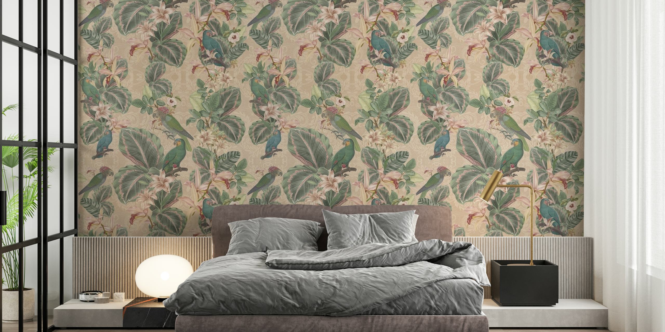 A wall mural showcasing vintage-style tropical parrot birds amidst lush foliage
