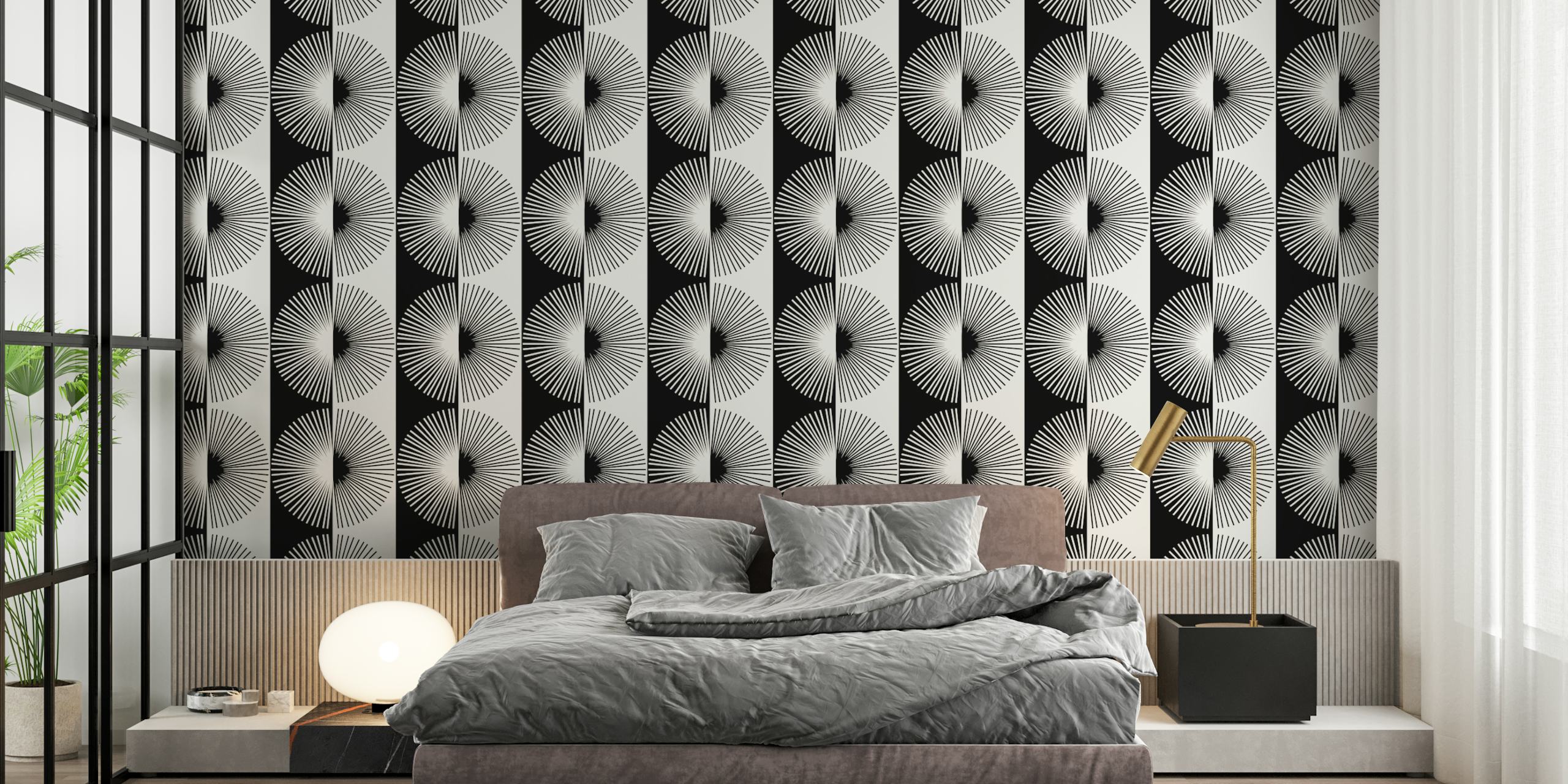 Black and white geometric pattern wallpaper with circular designs