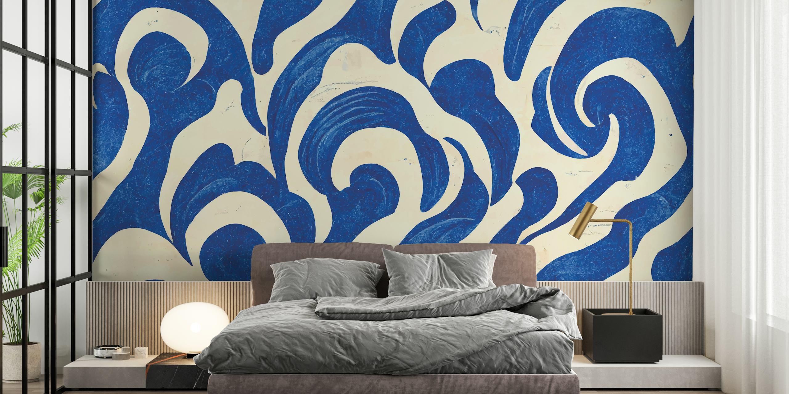 Abstract blue waves on cream background wallpaper