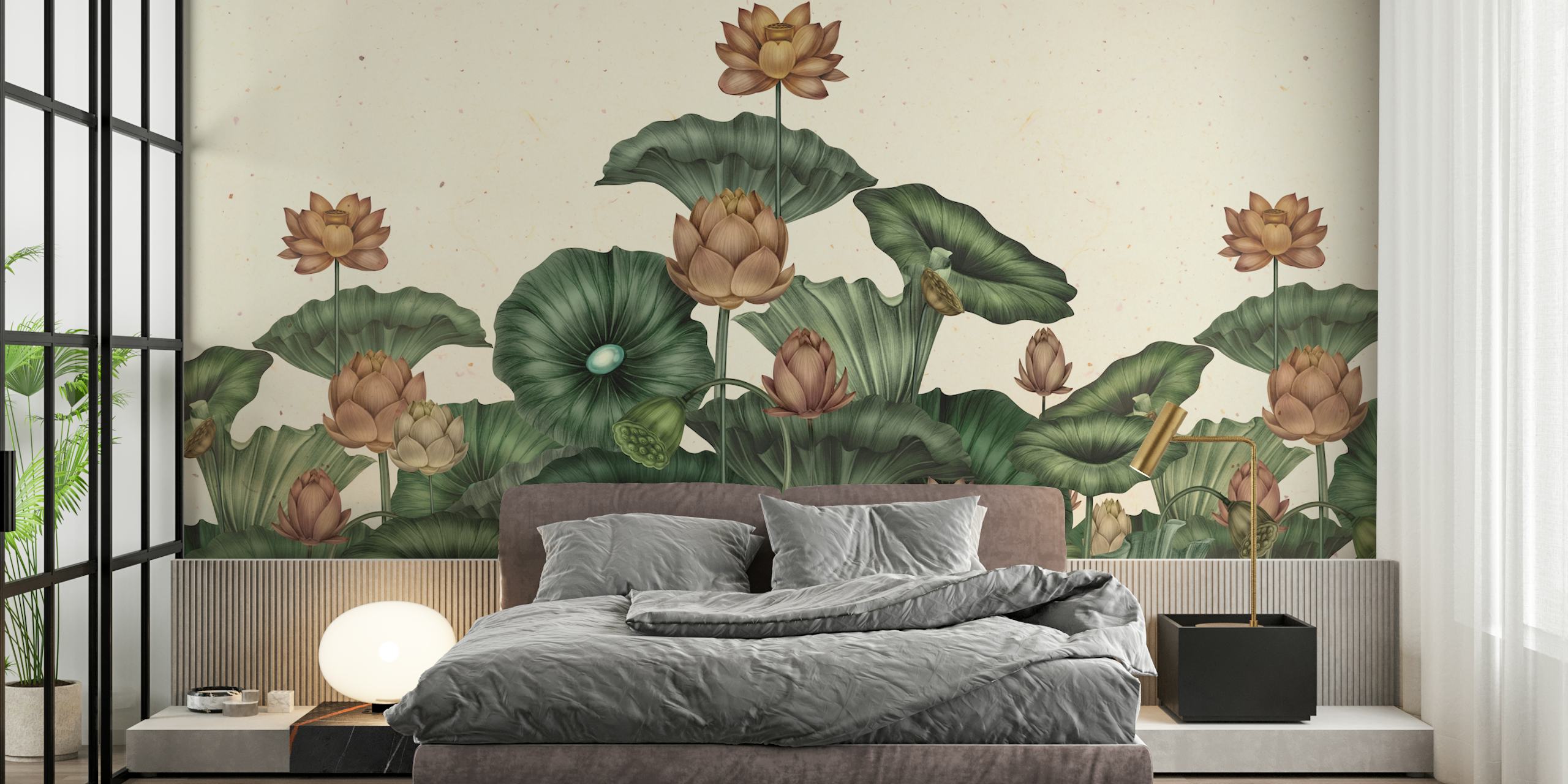 Papel de parede Zen Lotus Botanical Escape em um quarto