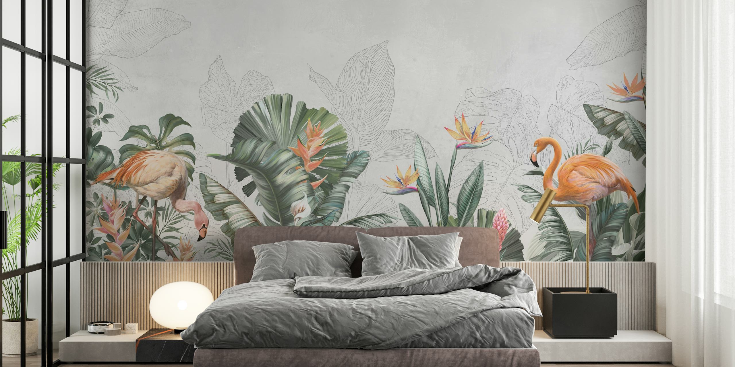 Tropical flamingo and foliage in vibrant colors wallpaper