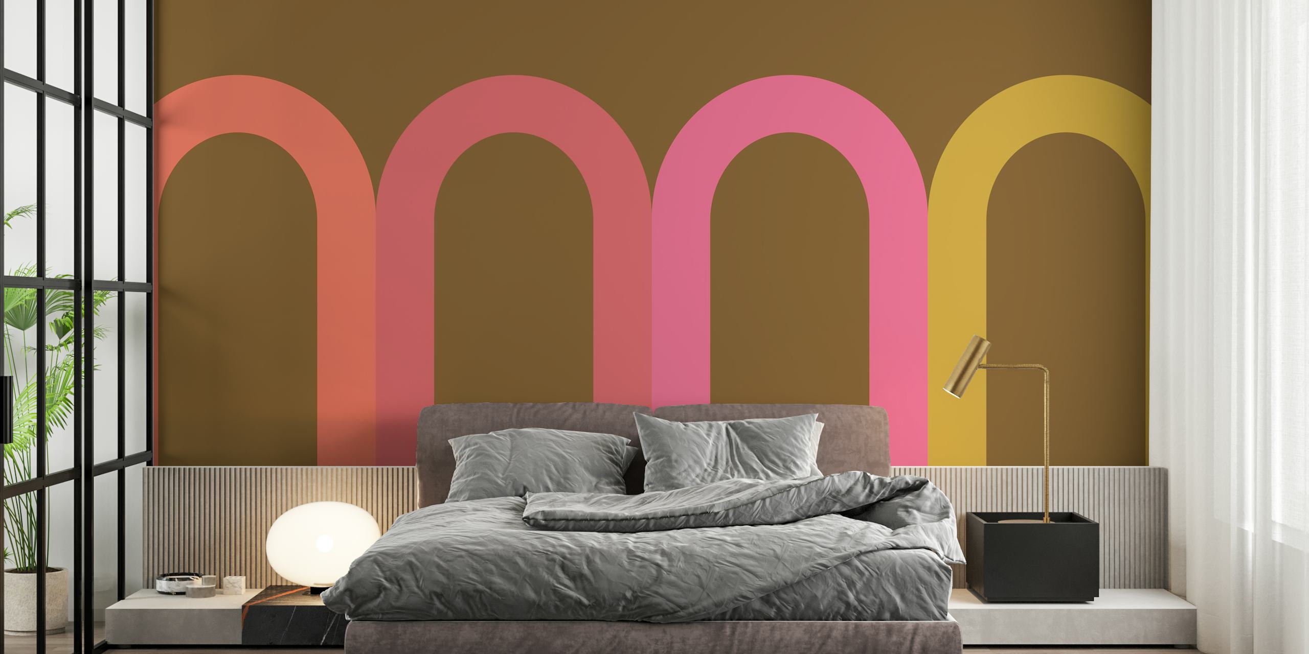 Papel pintado Retro Sunset Arches mostrado en una habitación