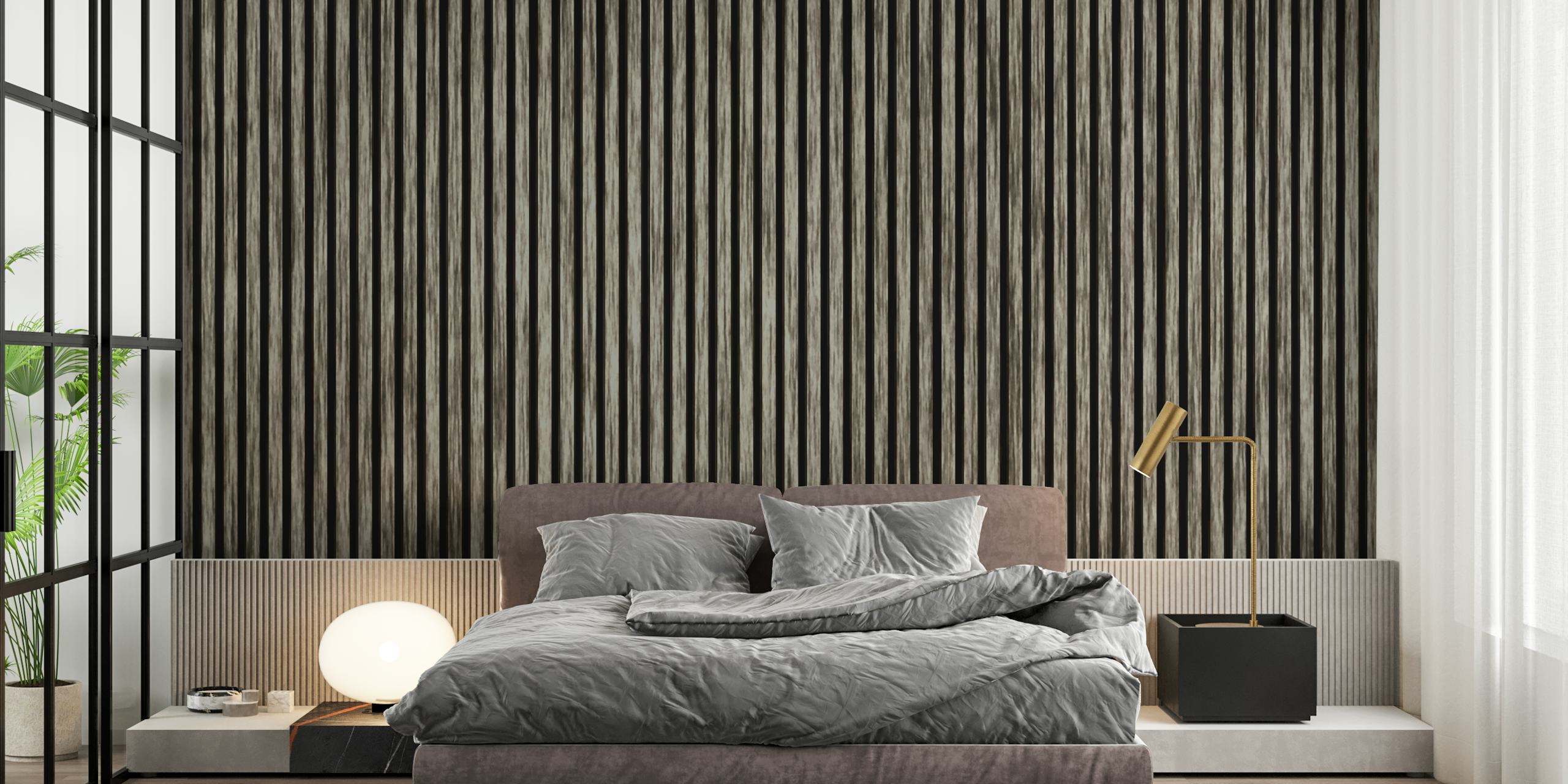 Rustic timber slats in black and white pattern wallpaper