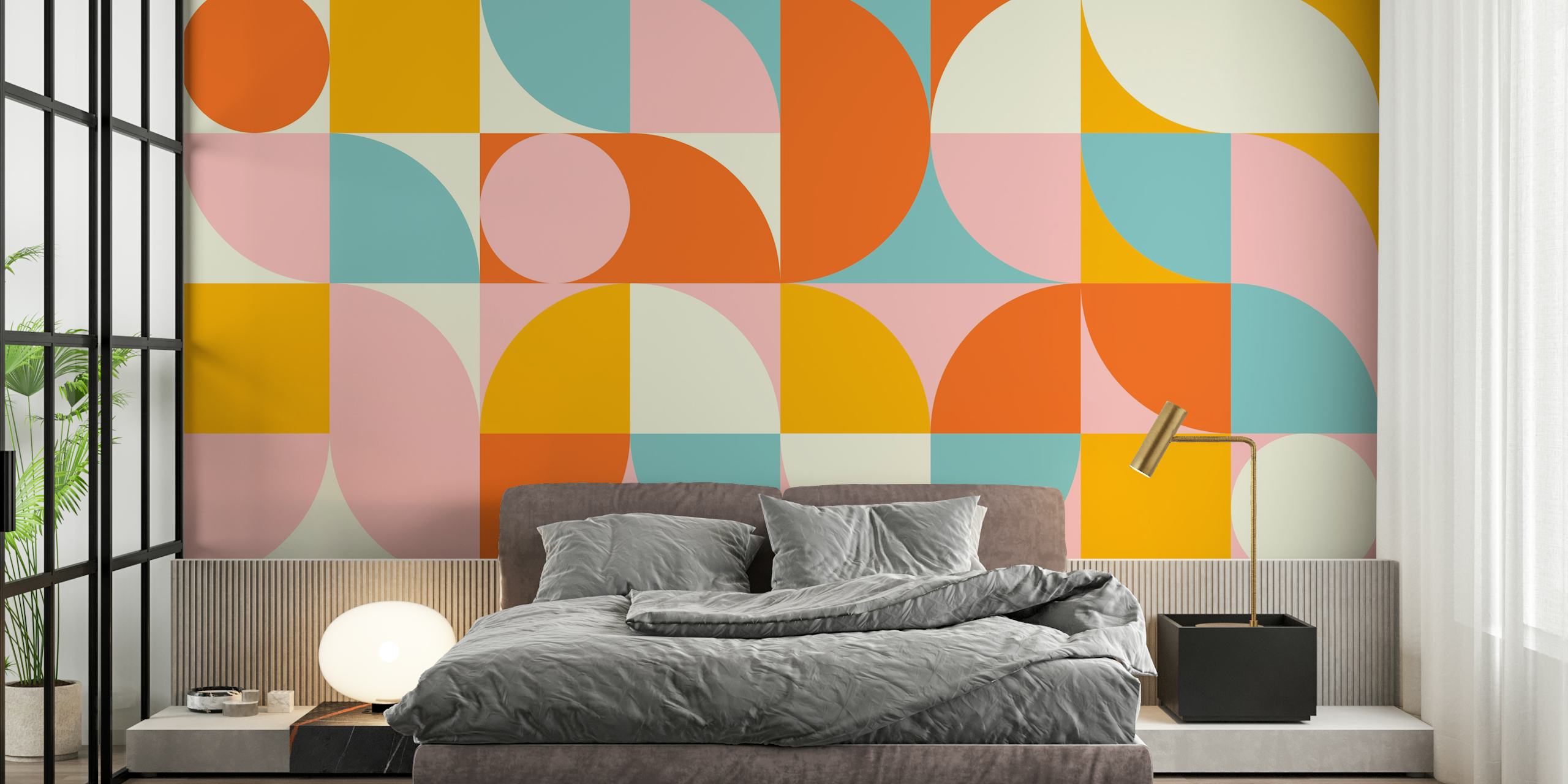 Colorful geometric shapes in orange, teal, pink, and cream wallpaper