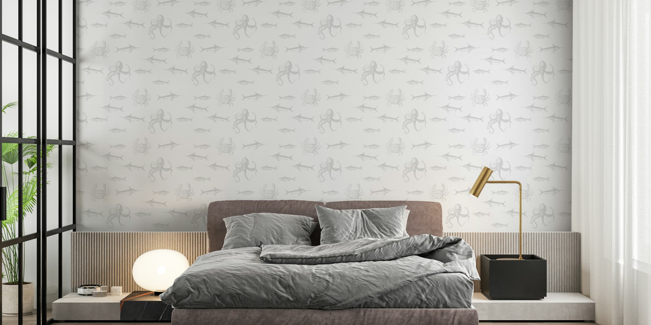 Nautical sea life wallpaper with octopuses and fish, white background, marine theme