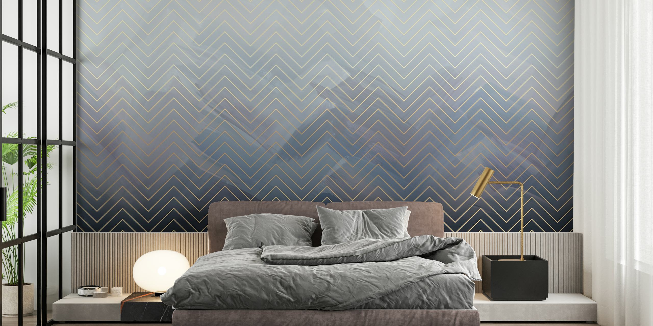 Chevron pattern in gradient blue and black with gold lines wallpaper