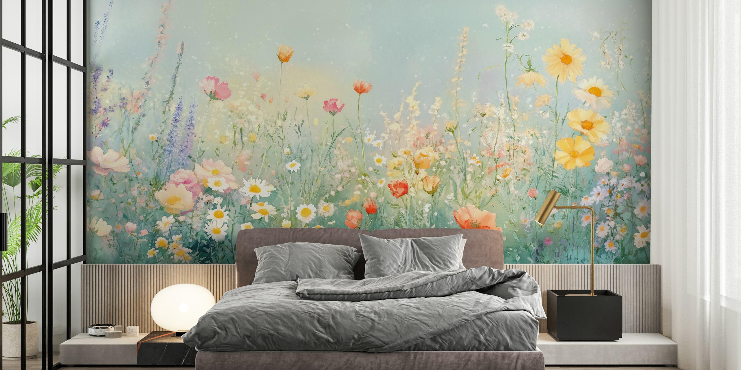 Colorful flowers in a blooming meadow; watercolor wallpaper
