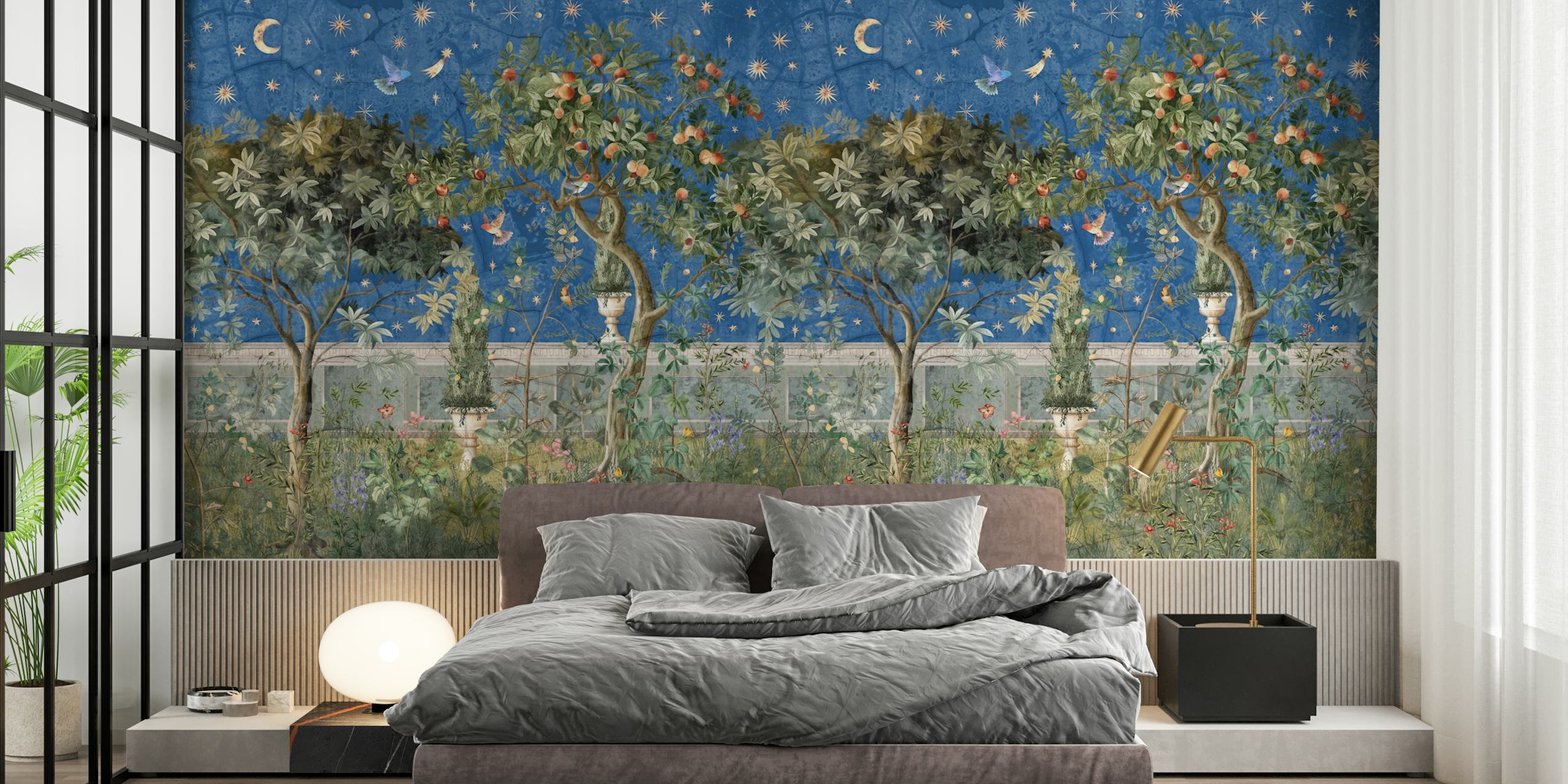 Starry Orchard Dreams Midnight papel de parede em um quarto