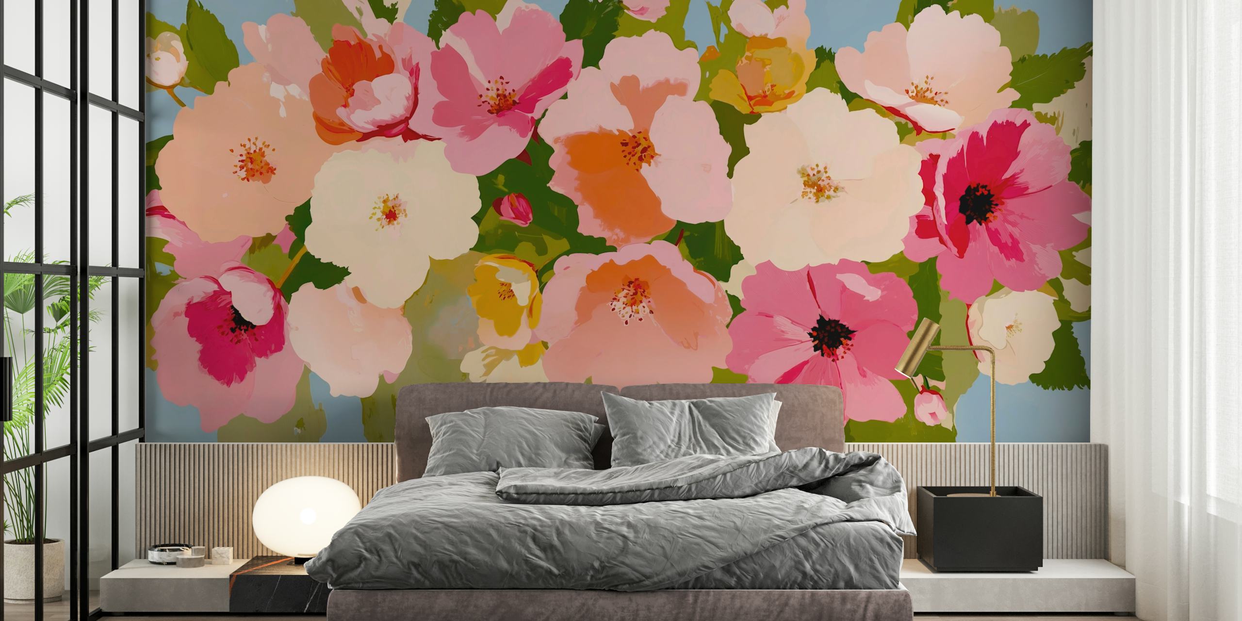 Wildflower blooms in pink and white on a blue background wallpaper