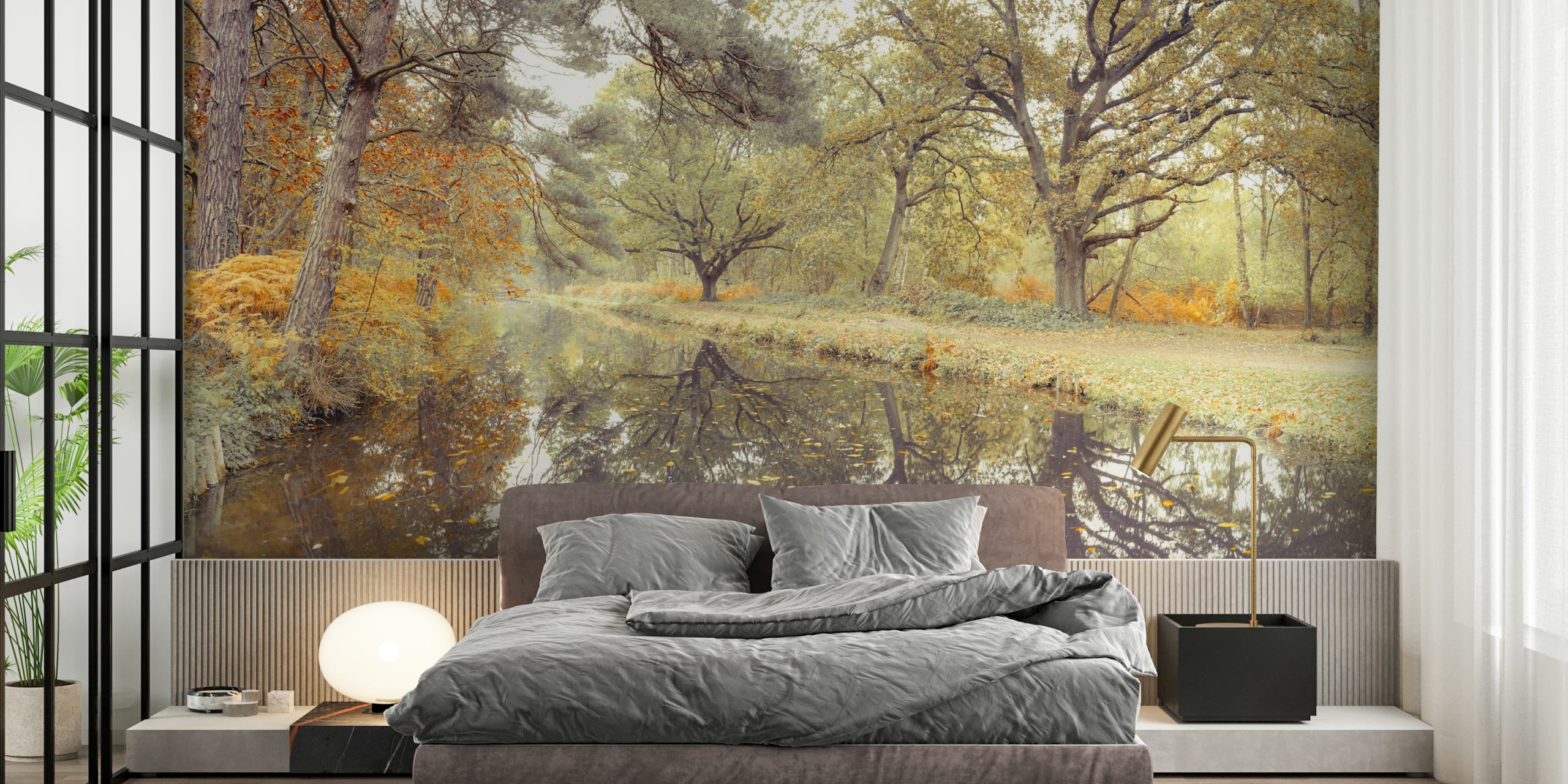 Calm waters in a fall forest wallpaper