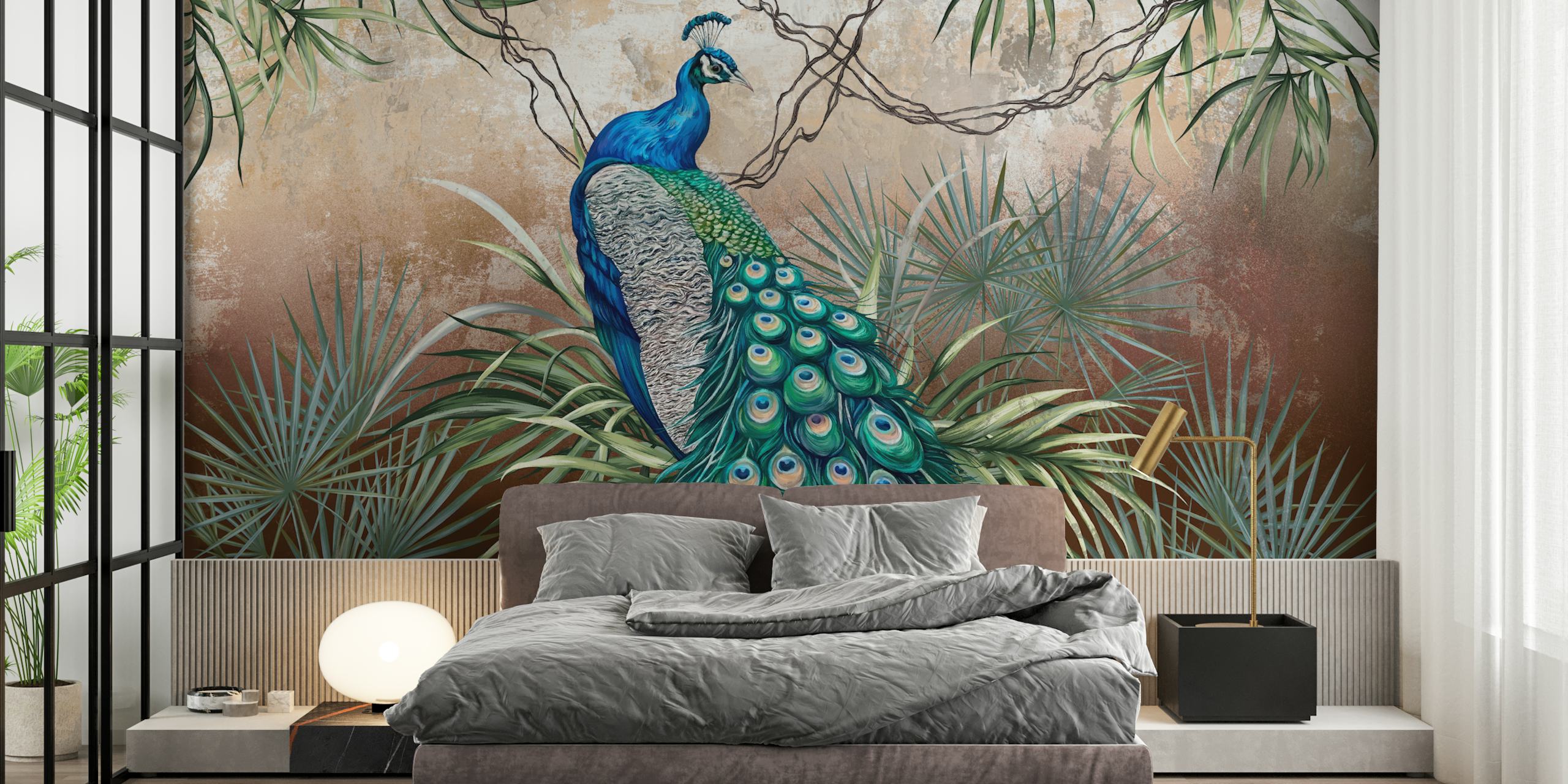 Exotic wildlife wallpaper with a peacock
