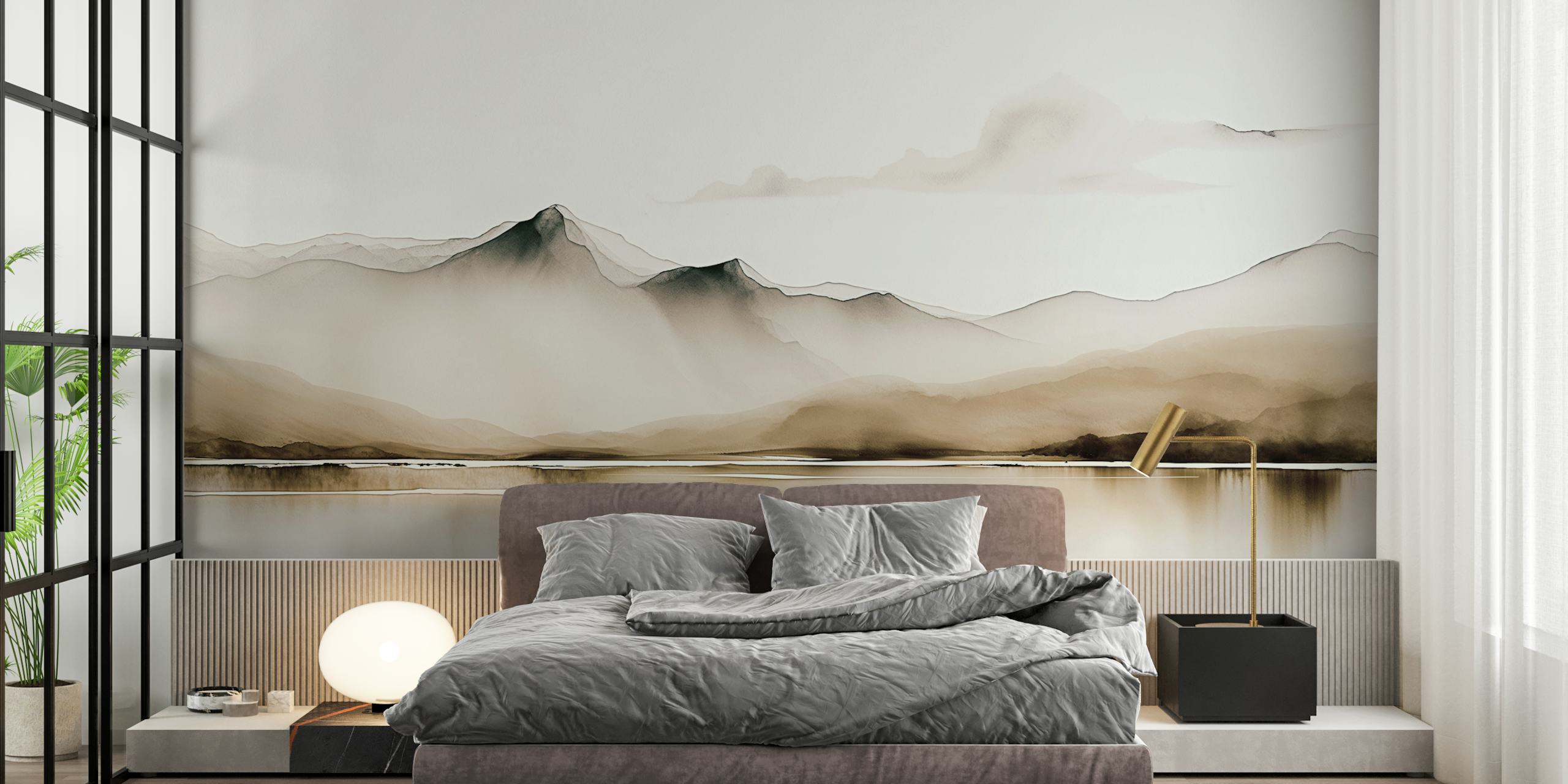 Minimal brown landscape with mountains and water wallpaper