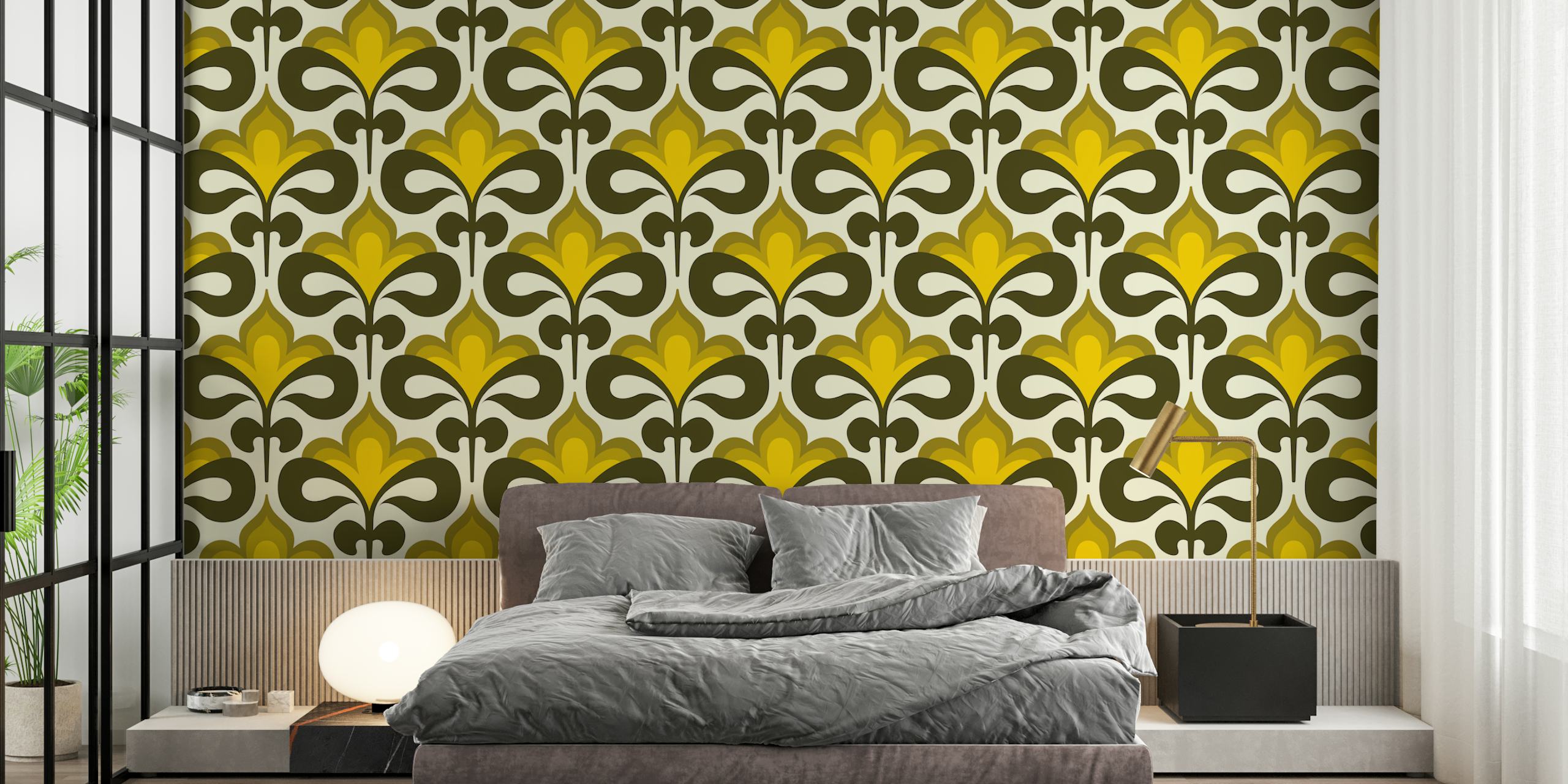 Midcentury modern blossoms wallpaper in a room
