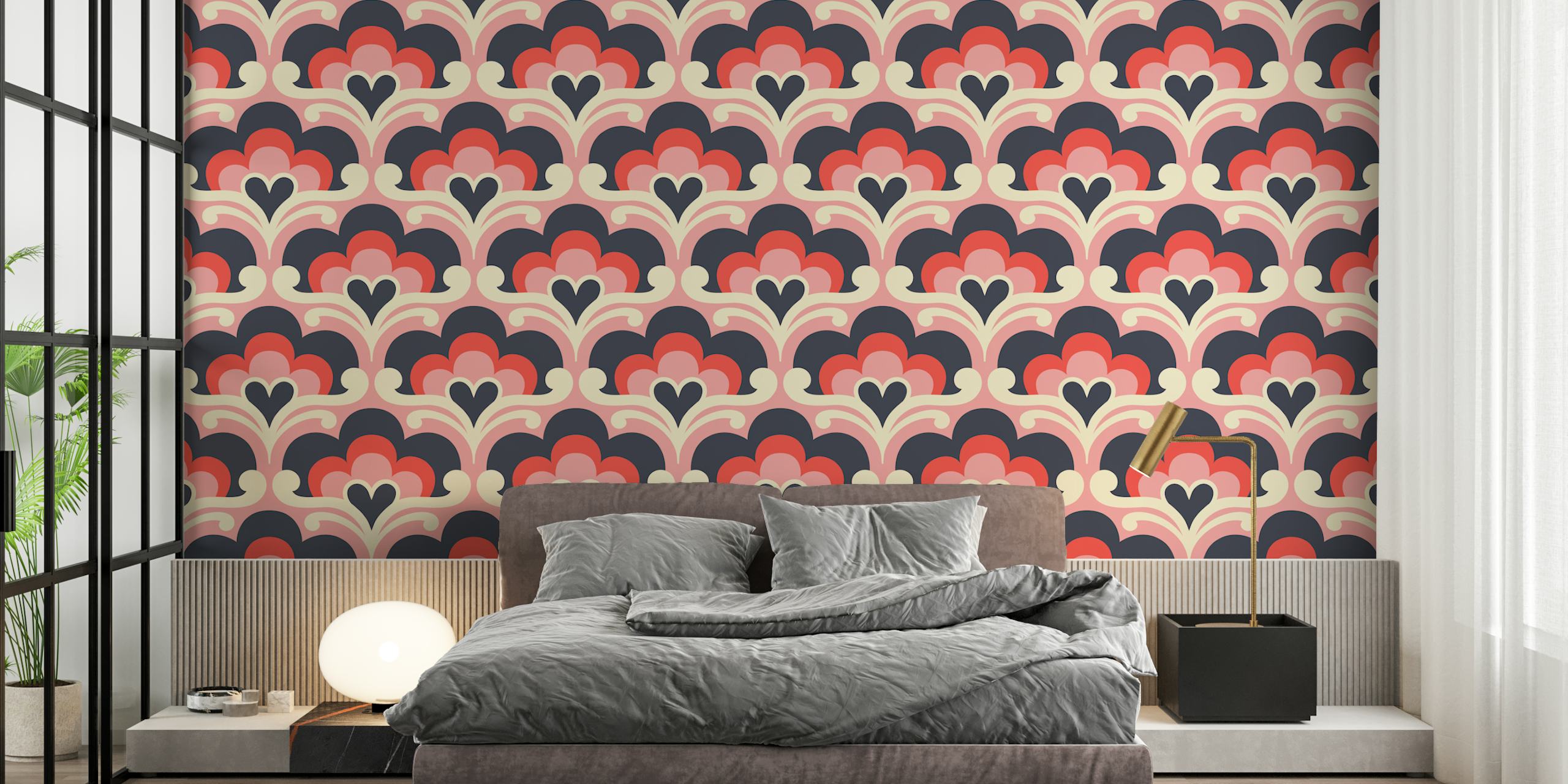 Pink and navy scallop blossom pattern wallpaper