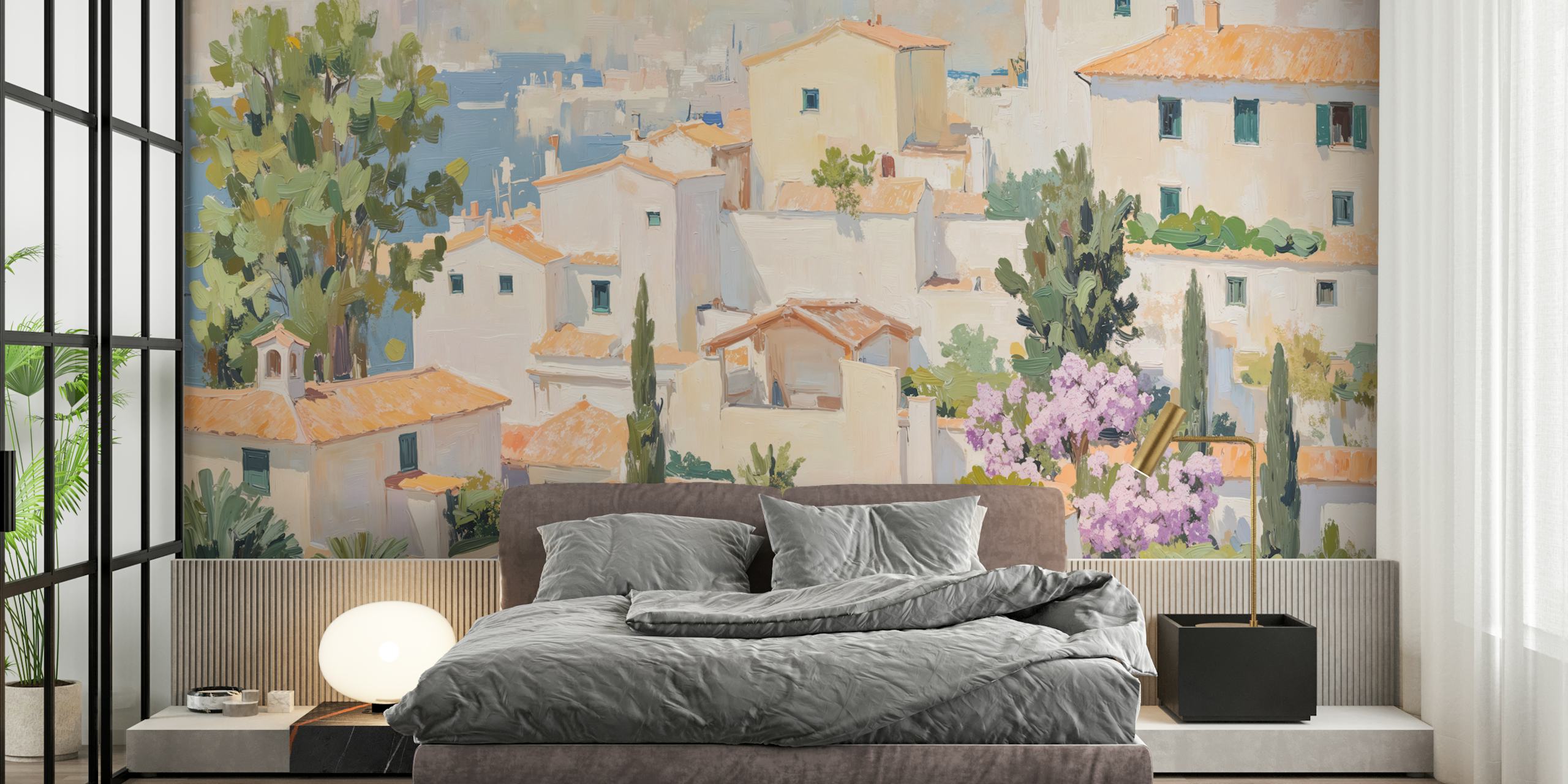 Mediterranean village scene with white houses and green trees wallpaper