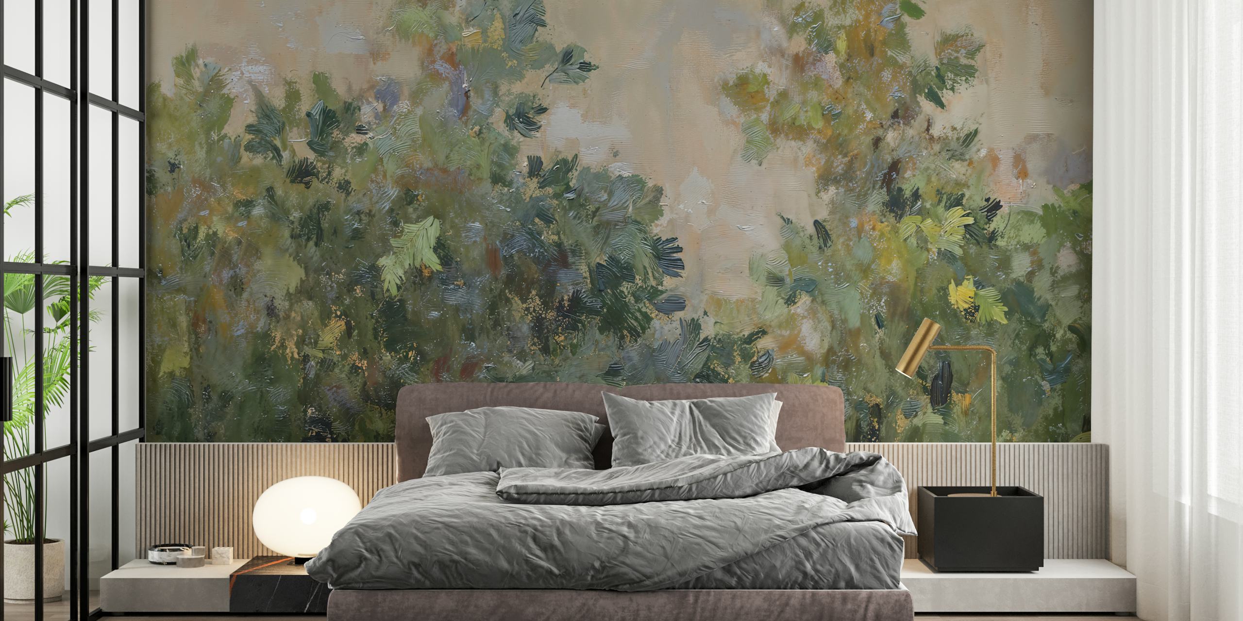 Textured green trees and foliage on beige backdrop wallpaper