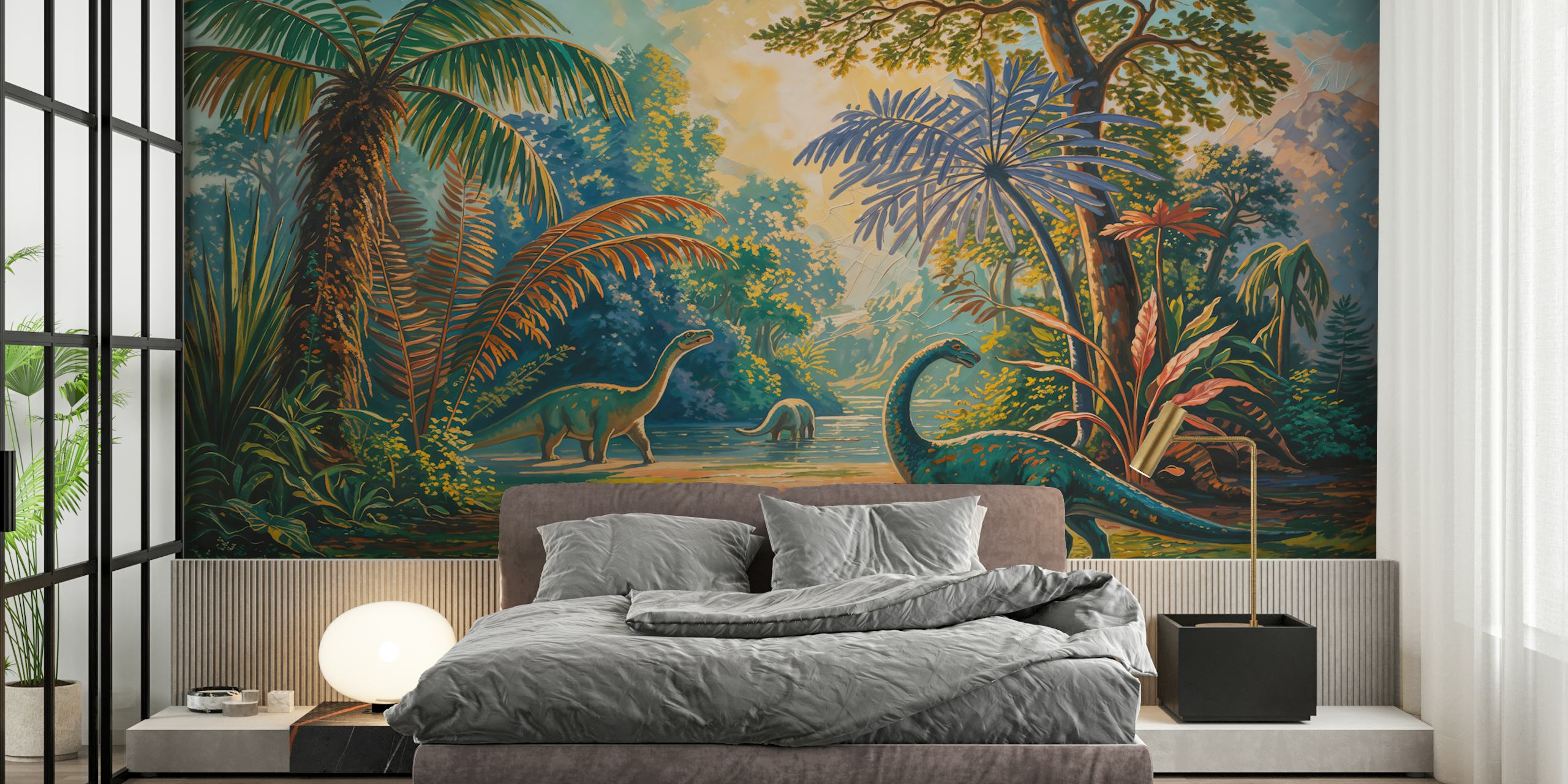Papel pintado Dino Jungle Oasis en una habitación