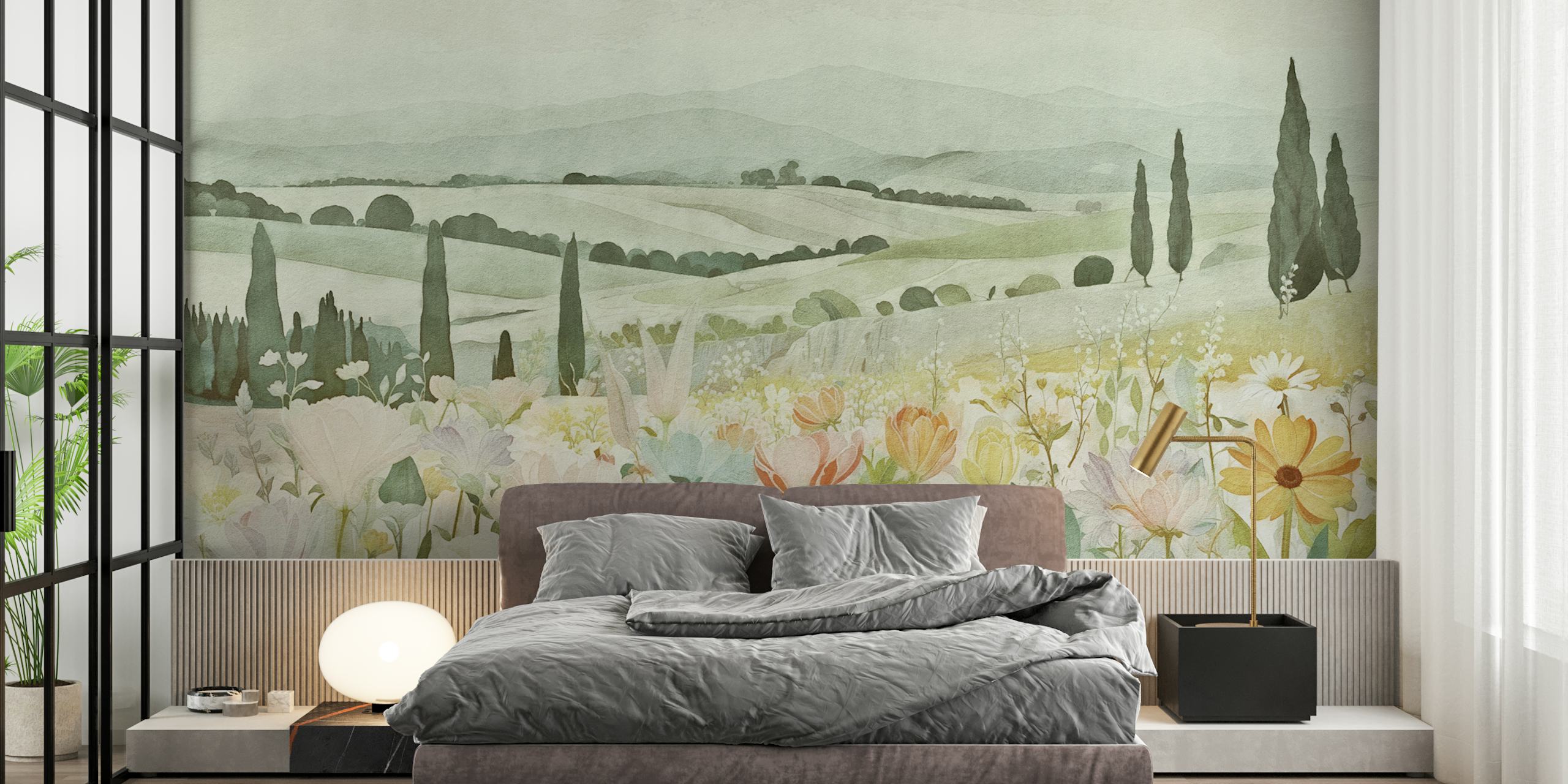 Pastel floral landscape with hills and flowers wallpaper