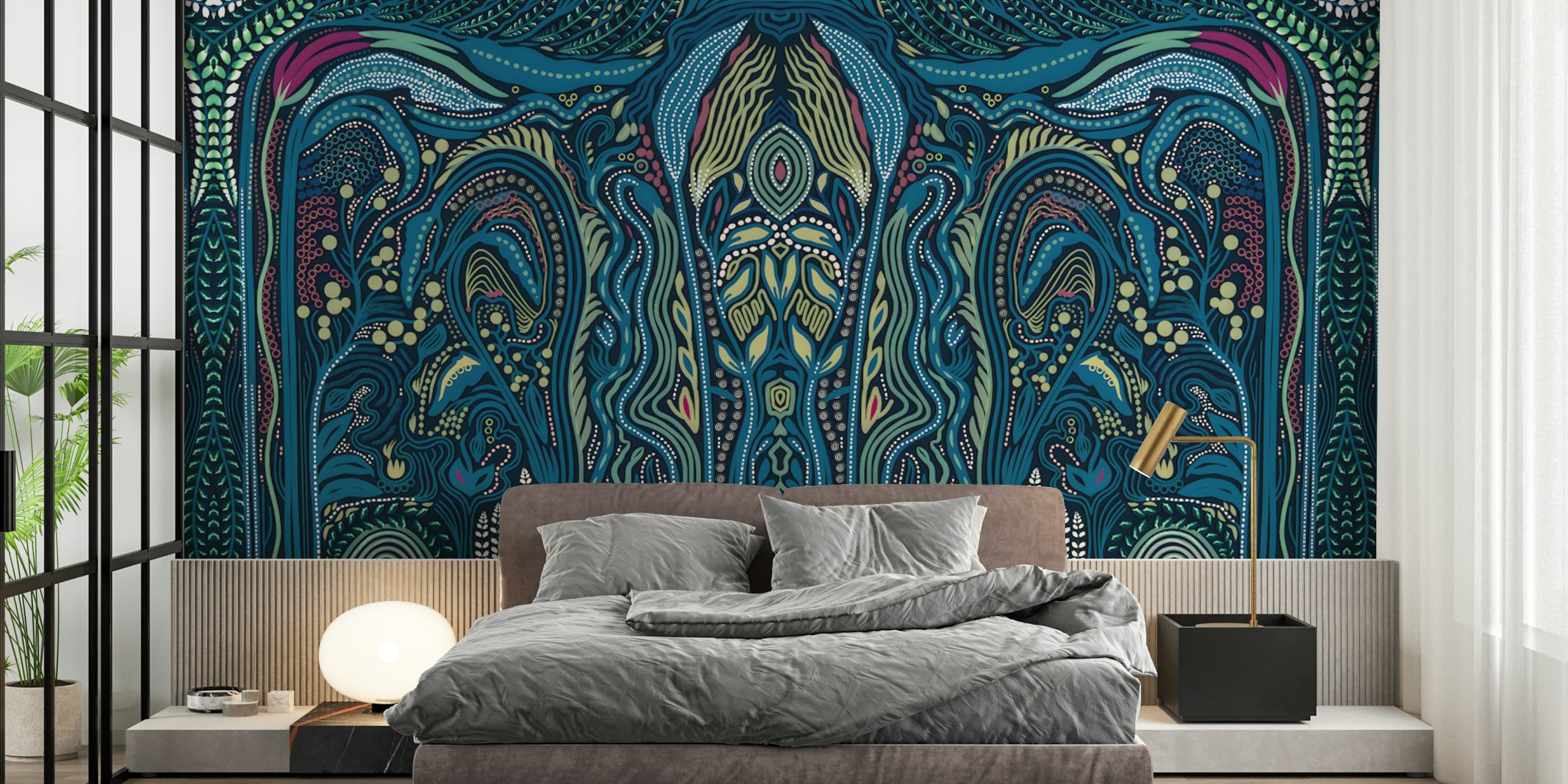 Colorful abstract floral design with swirling patterns in blue, green, and red wallpaper