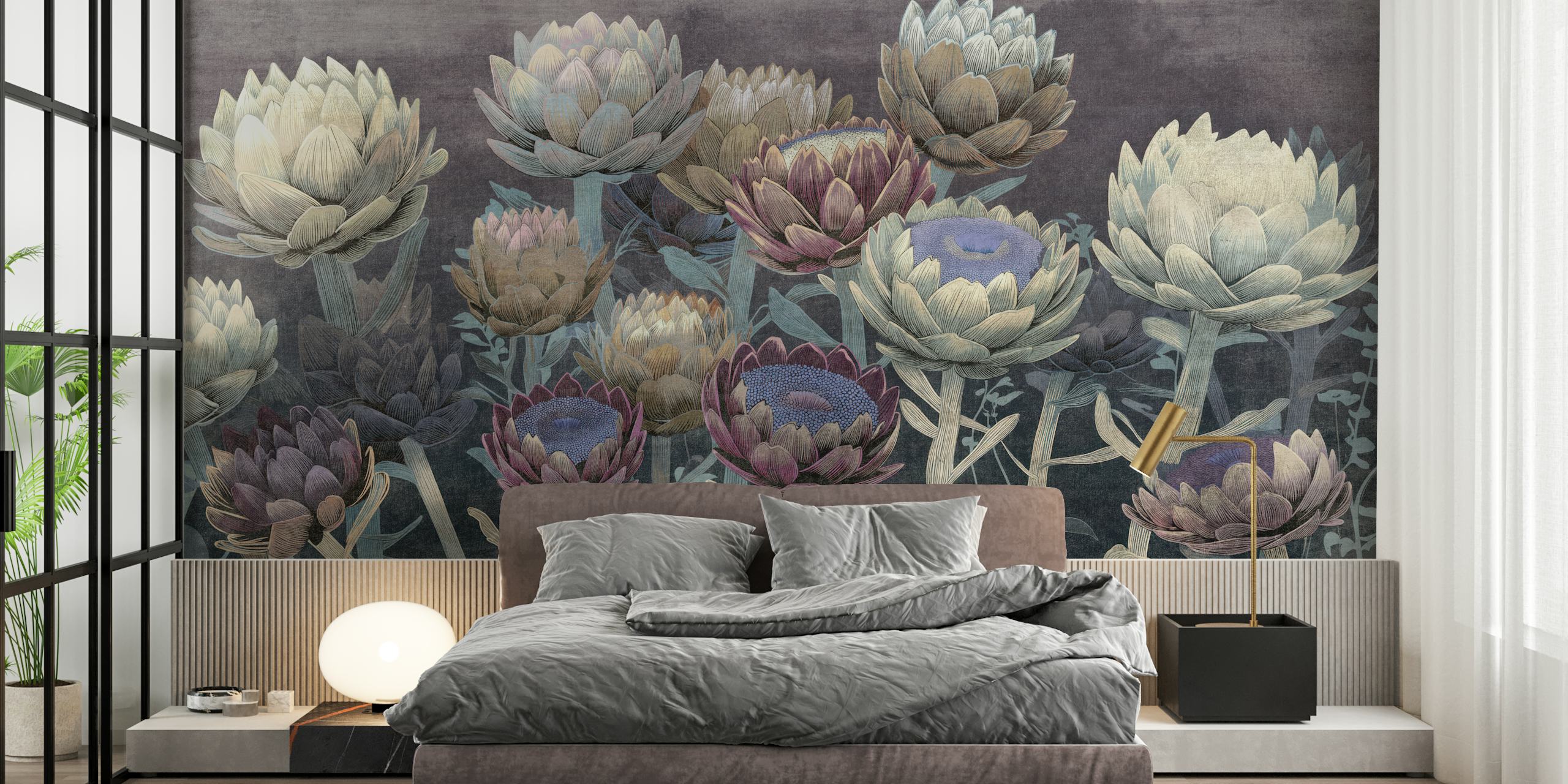 Floral motifs with soft gray and purple colors in an elegant wallpaper design