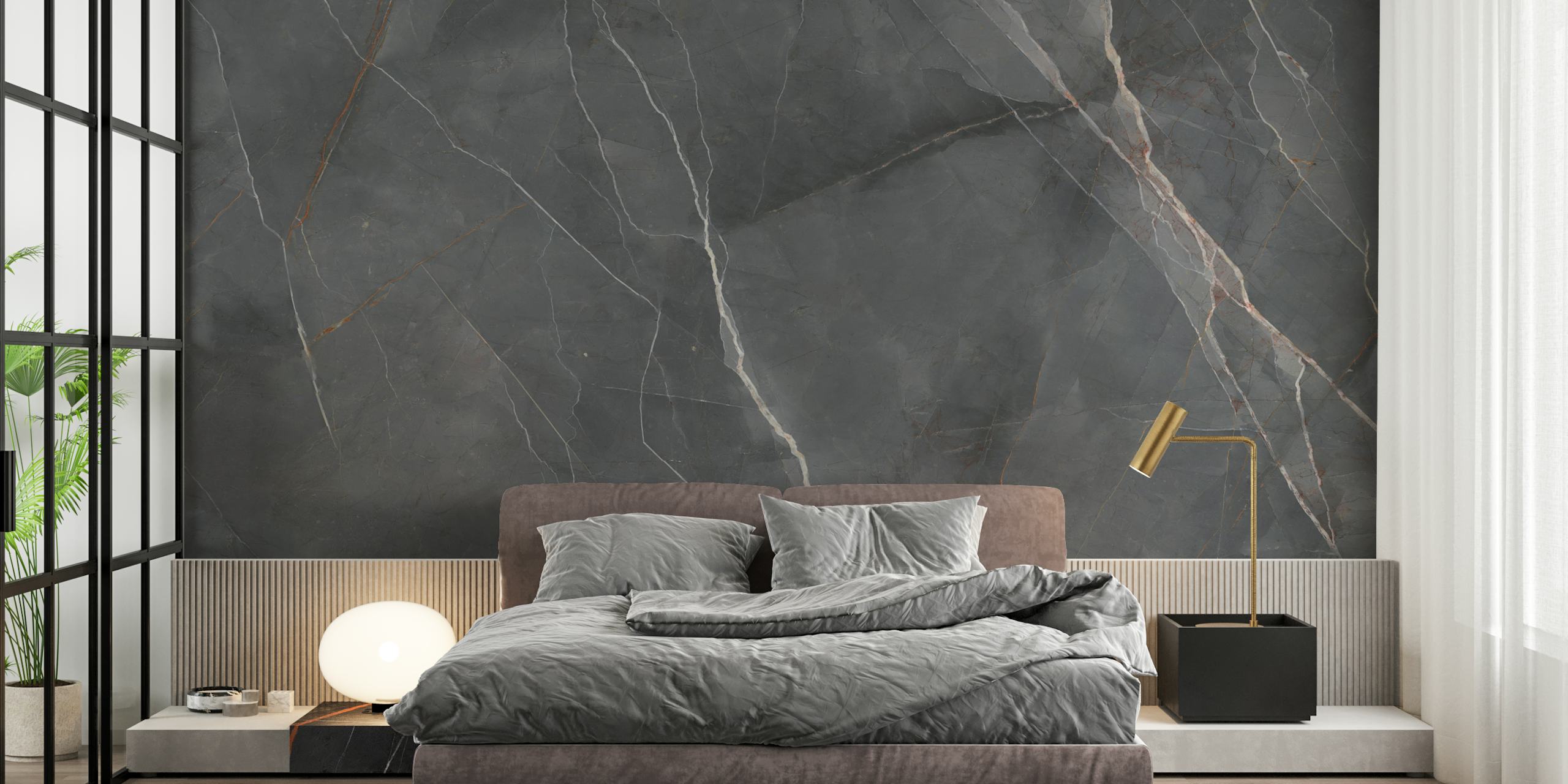 Graphite Black Marble papel pintado en una habitación moderna