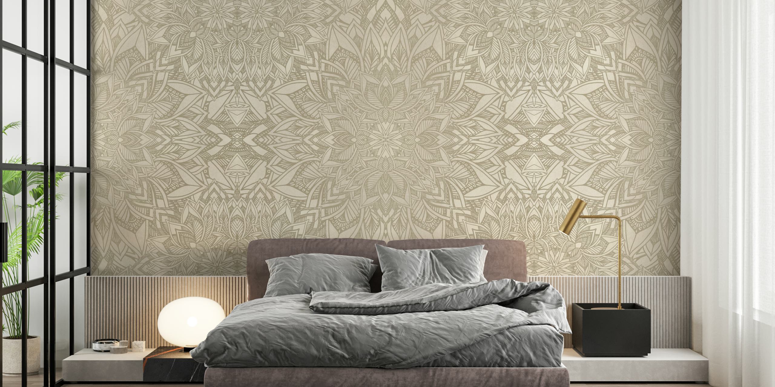 Golden Floral Mandala Wall Mural with intricate gold patterns on a neutral background