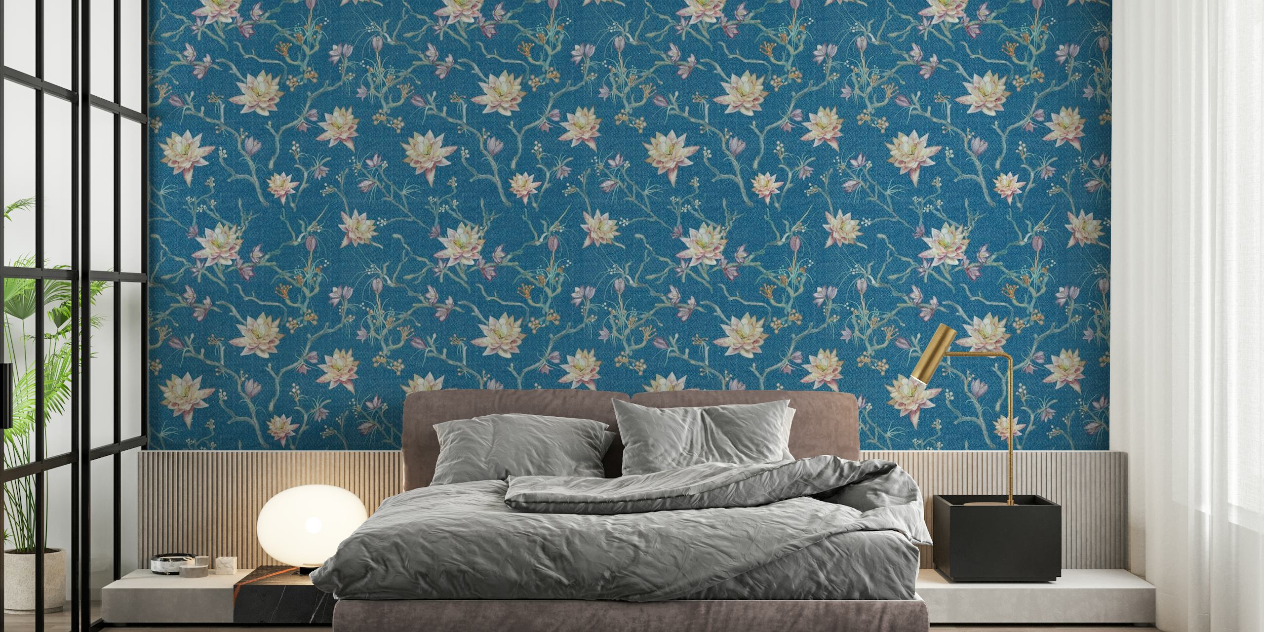 Lente Lotus muurschildering met blauwe achtergrond en witte bloeiende lotusbloemen