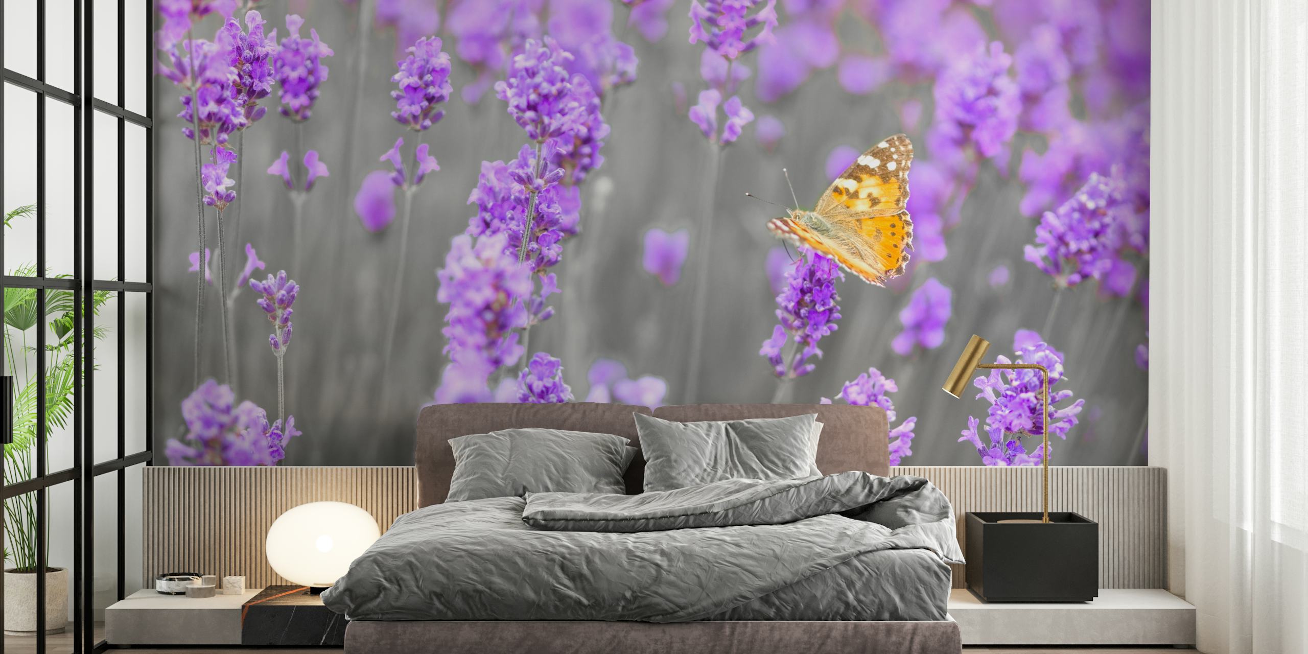 Purple lavender flowers with a butterfly, floral wallpaper