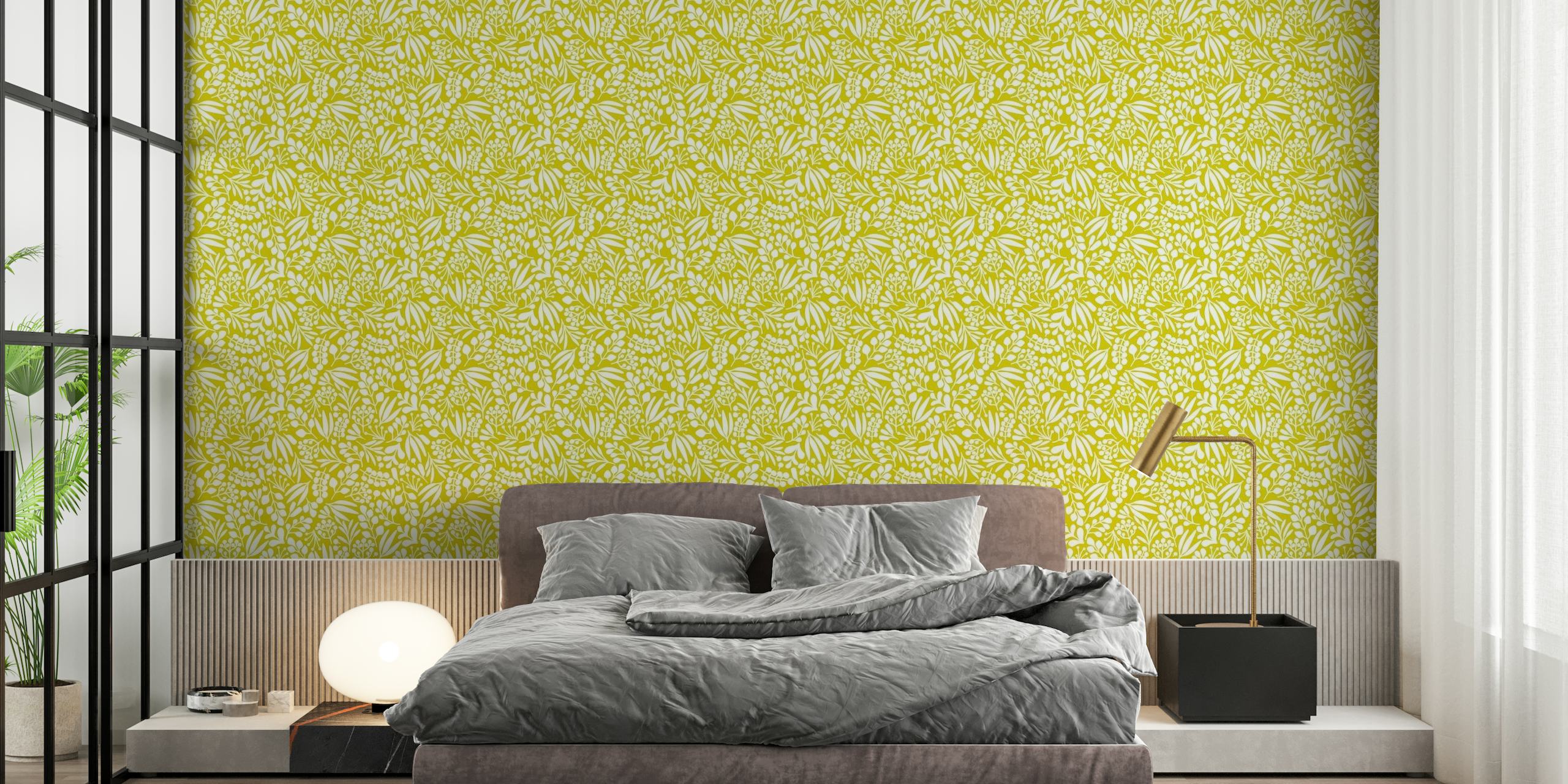 Leaves on chartreuse wallpaper