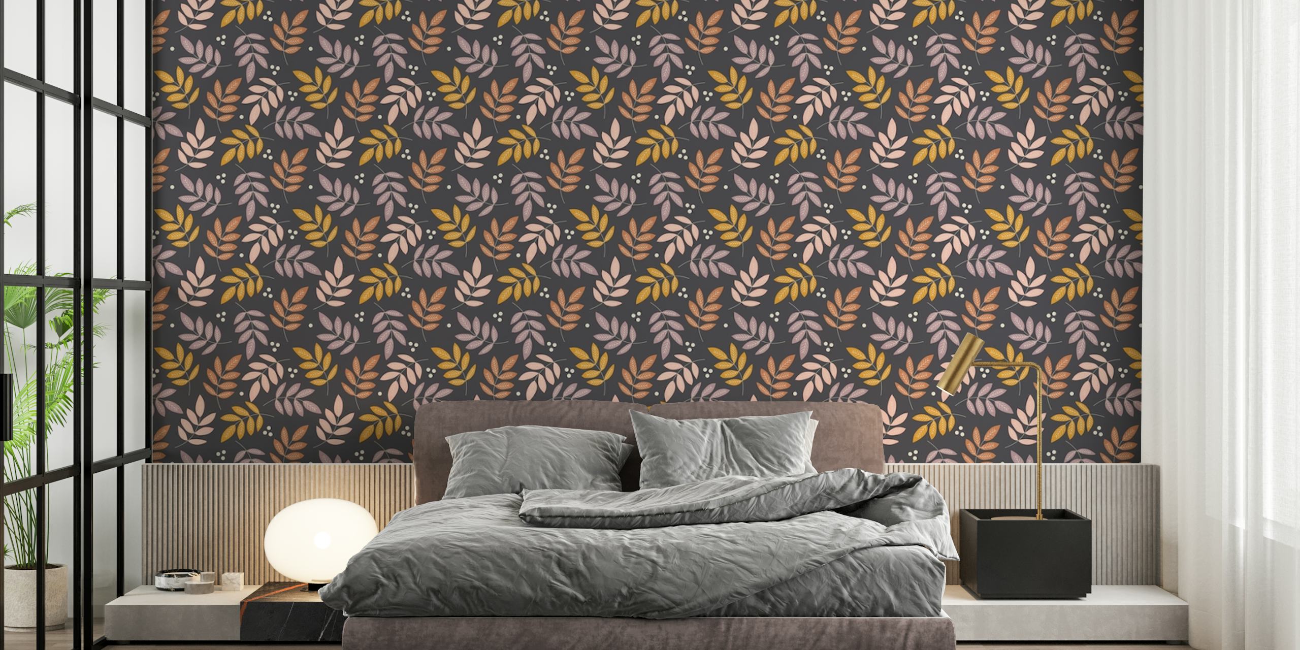 Estético mural de pared de hojas cayendo sobre un fondo de medianoche, perfecto para decoración de interiores.