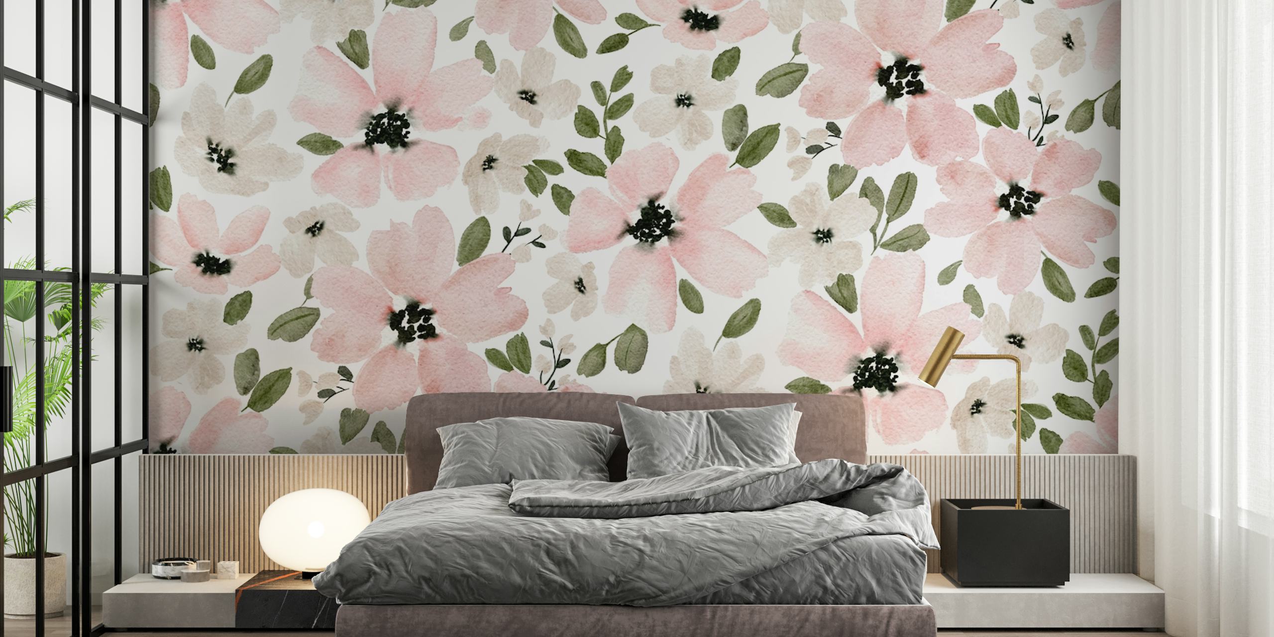 Watercolor floral wallpaper featuring pink and white flowers with green leaves