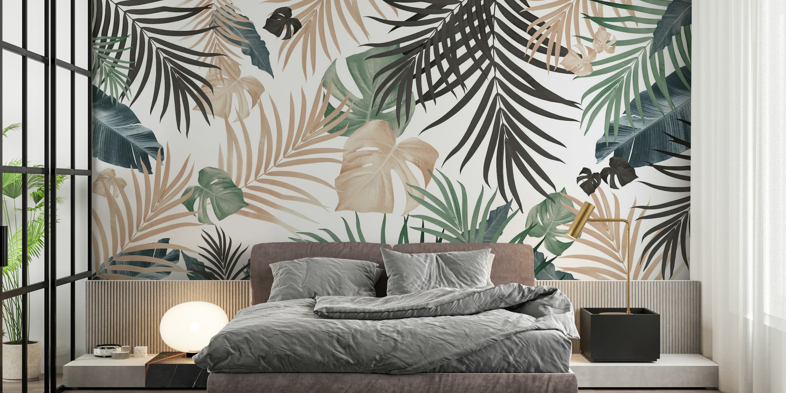 Artistieke tropische bladeren muurschildering met een zacht kleurenpalet