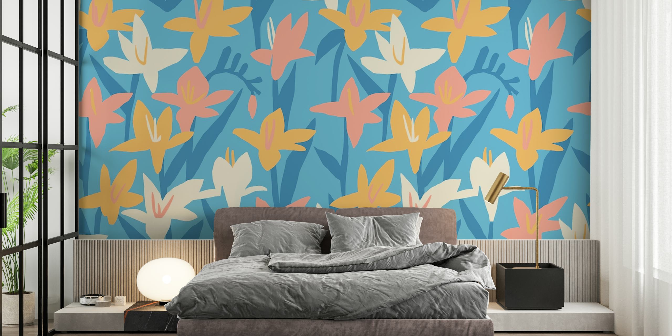 Lily on Blue Wall Mural with pastel lily flowers on a calm blue background