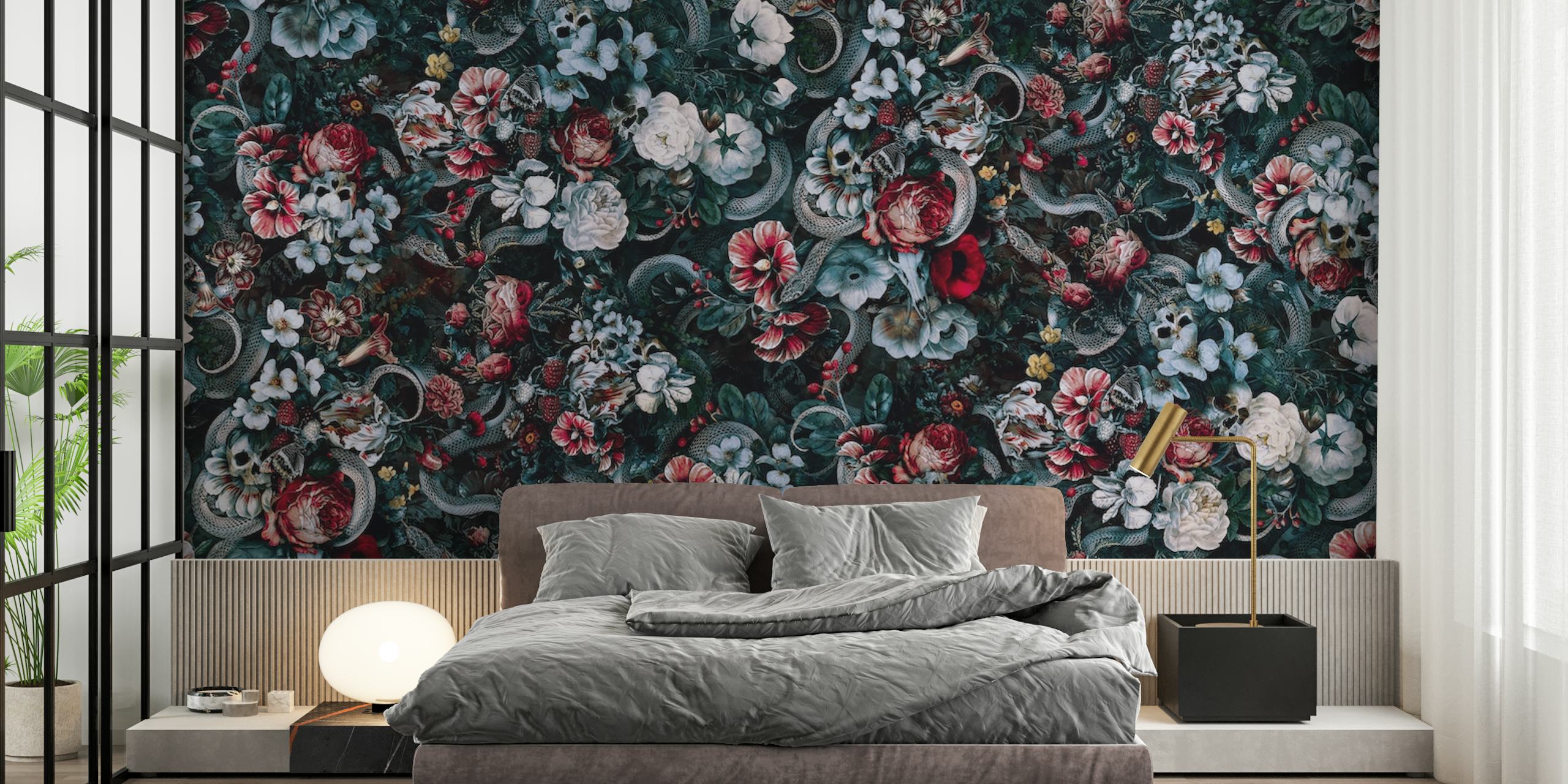 Floral pattern with skulls and snakes in dark colors wallpaper