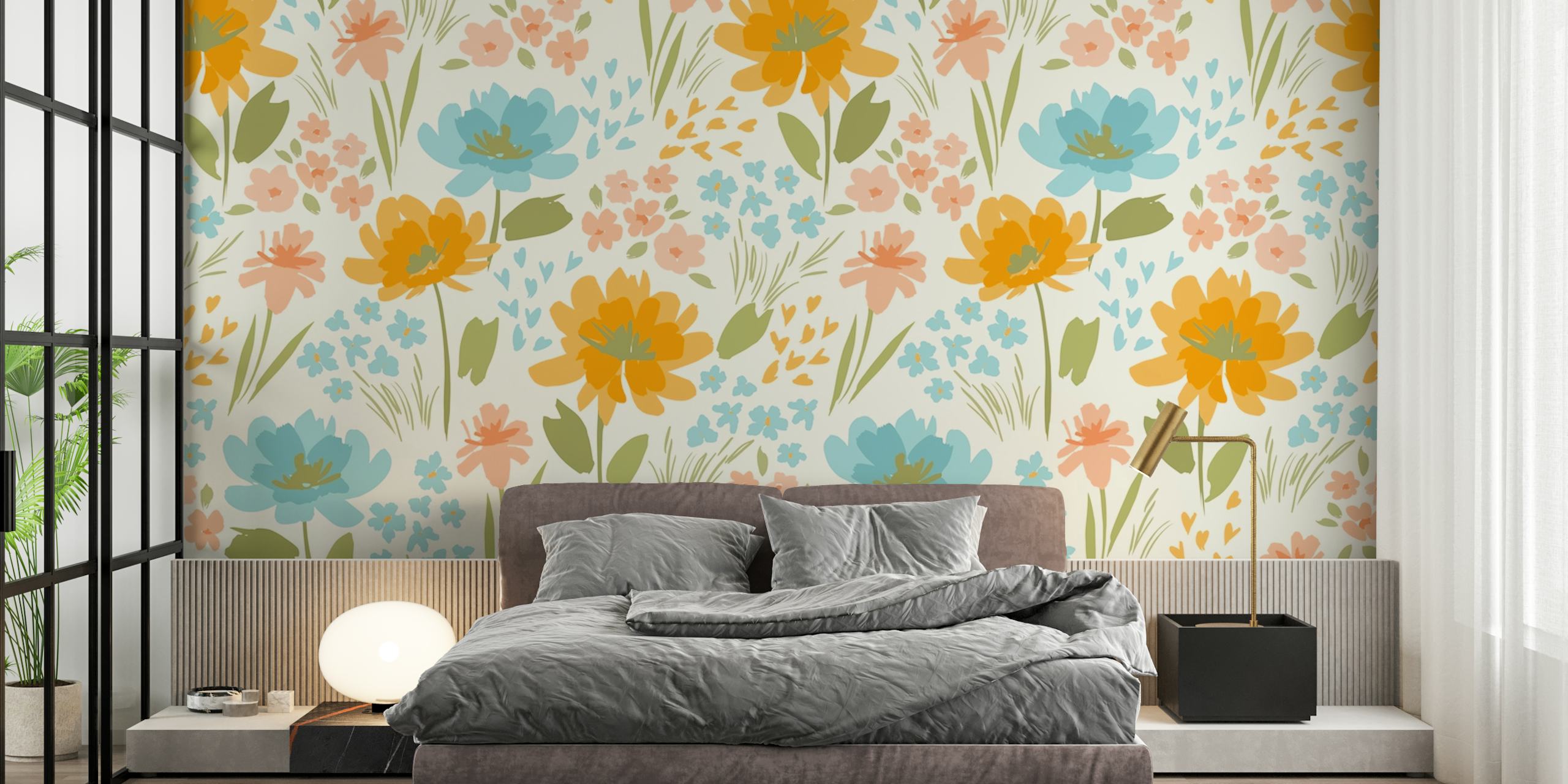 Colorful floral design with blue and orange flowers on cream background wallpaper