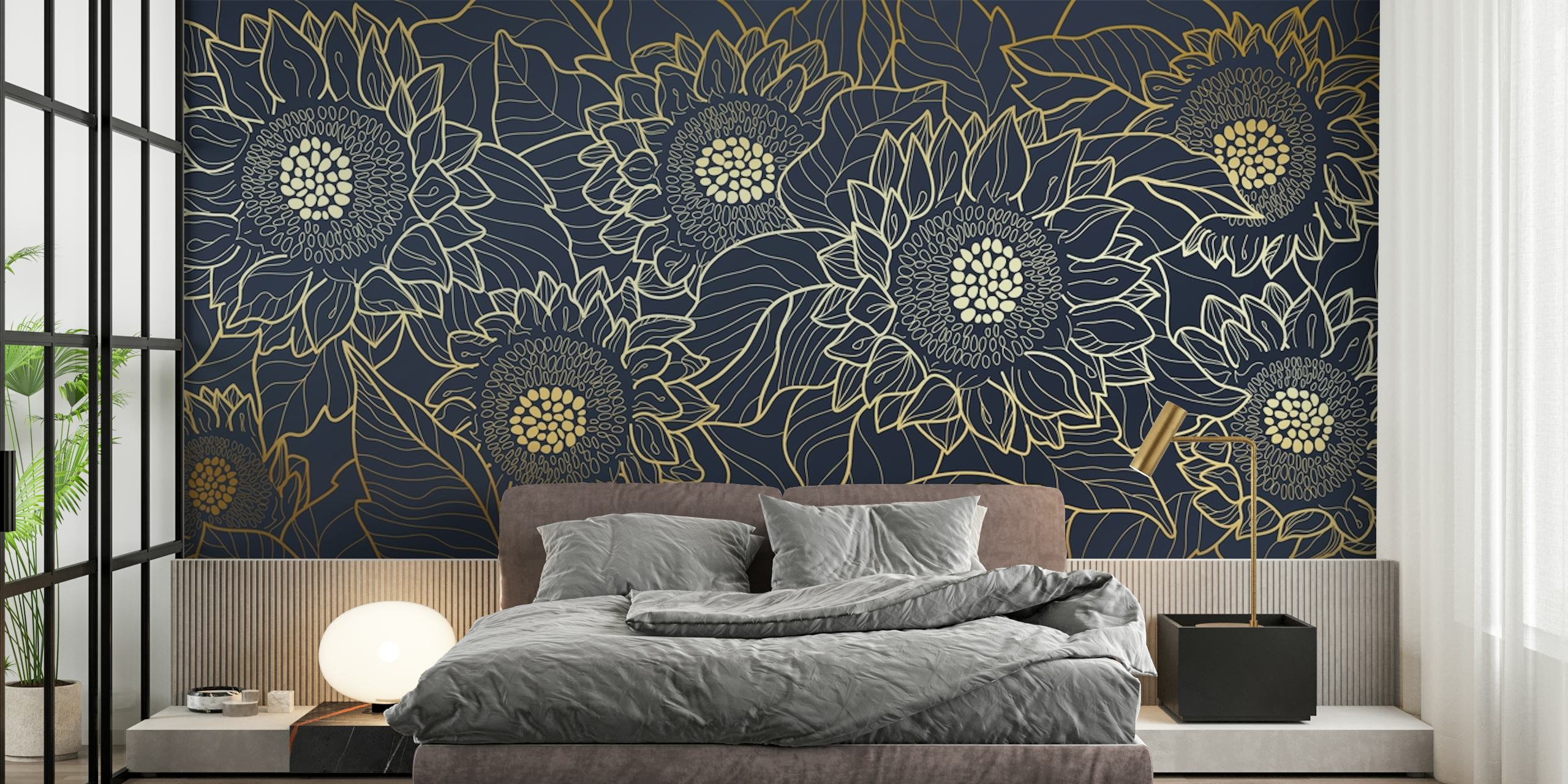Sunflower line art design in gold and navy wallpaper